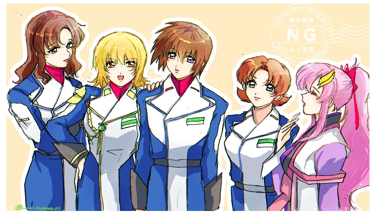 sakamoto (uuu a60006 a3), cagalli yula athha, kira yamato, lacus clyne, miriallia haw, murrue ramius, gundam, gundam seed, gundam seed destiny, 1boy, 4girls, blonde hair, breasts, brother and sister, brown eyes, brown hair, epaulettes, hair ornament, jacket, japanese clothes, kimono, long hair, long sleeves, military, military uniform, multiple girls, open mouth, parted bangs, pink hair, ponytail, purple eyes, shirt, short hair, short kimono, siblings, smile, swept bangs, twintails, upper body, very long hair, yellow eyes
