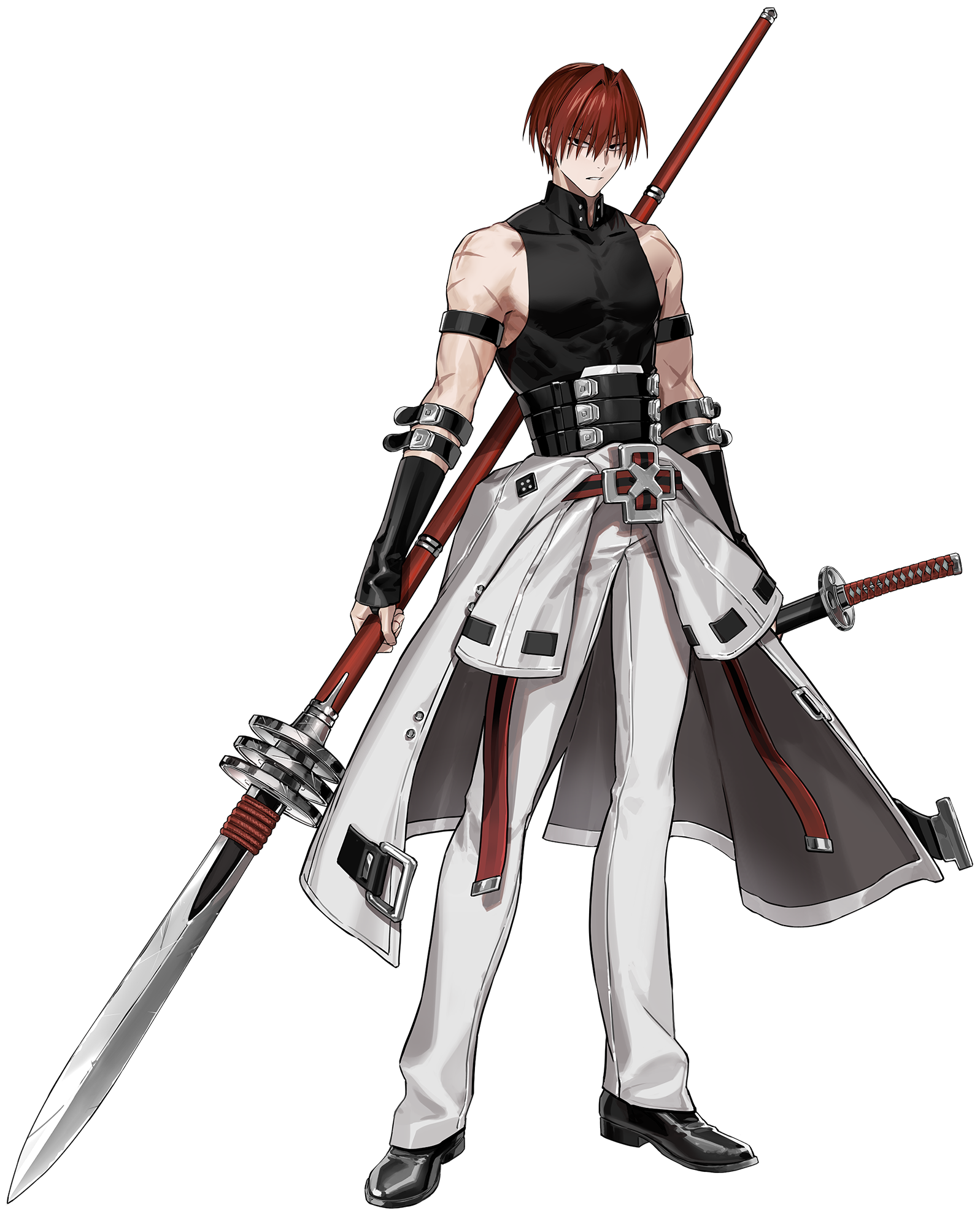 itefu, fate/grand order, fate (series), highres, official art, second-party source, 1boy, armband, belt, black armband, black eyes, black gloves, black shirt, black shoes, clothes around waist, fingerless gloves, full body, gloves, harada sanosuke (fate), holding, holding polearm, holding sword, holding weapon, jacket, jacket around waist, katana, looking at viewer, male focus, multiple scars, open mouth, outline, pants, polearm, red hair, scar, scar on arm, shirt, shoes, short hair, sleeveless, solo, spear, sword, tied jacket, toned, toned male, transparent background, weapon, white outline, white pants