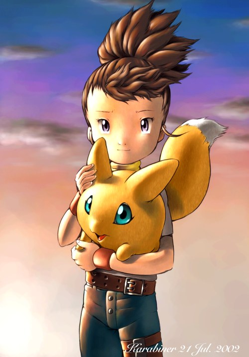 karabiner, makino ruki, pokomon (digimon), digimon, digimon tamers, 00s, 1girl, 2002, animal ears, belt, blue eyes, brown hair, cloud, denim, digimon (creature), furry, hand on another's head, holding, holding digimon, jeans, outdoors, pants, ponytail, shirt, sky, smile, sunset, tail, thigh strap, white shirt, wristband