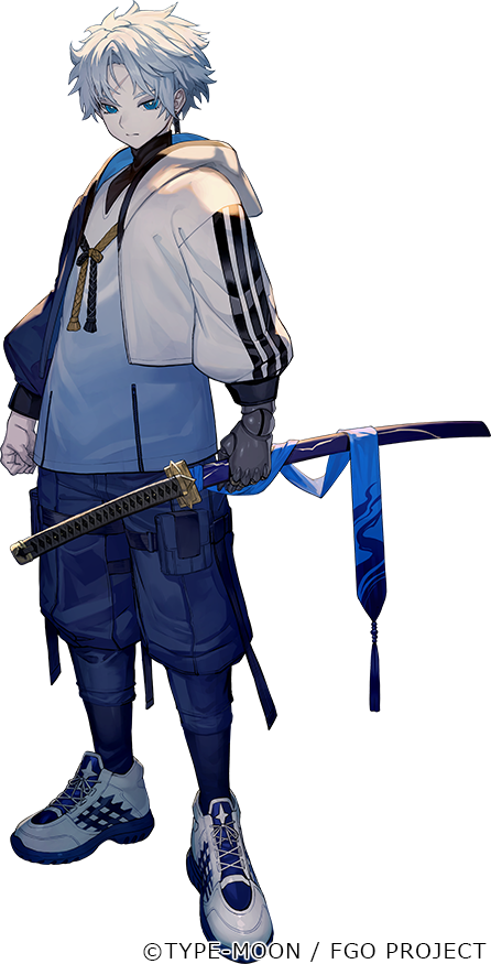 lack, fate/grand order, fate (series), official art, 1boy, blue eyes, blue shorts, clenched hand, cropped jacket, earrings, full body, holding, holding sword, holding weapon, jacket, jewelry, katana, looking at viewer, male focus, open clothes, open jacket, outline, prosthesis, prosthetic arm, scar, scar on face, scar on forehead, shirt, shoes, short hair, shorts, sneakers, solo, standing, sword, toudou heisuke (fate), turtleneck, weapon, white hair, white jacket, white outline, white shirt, white shoes