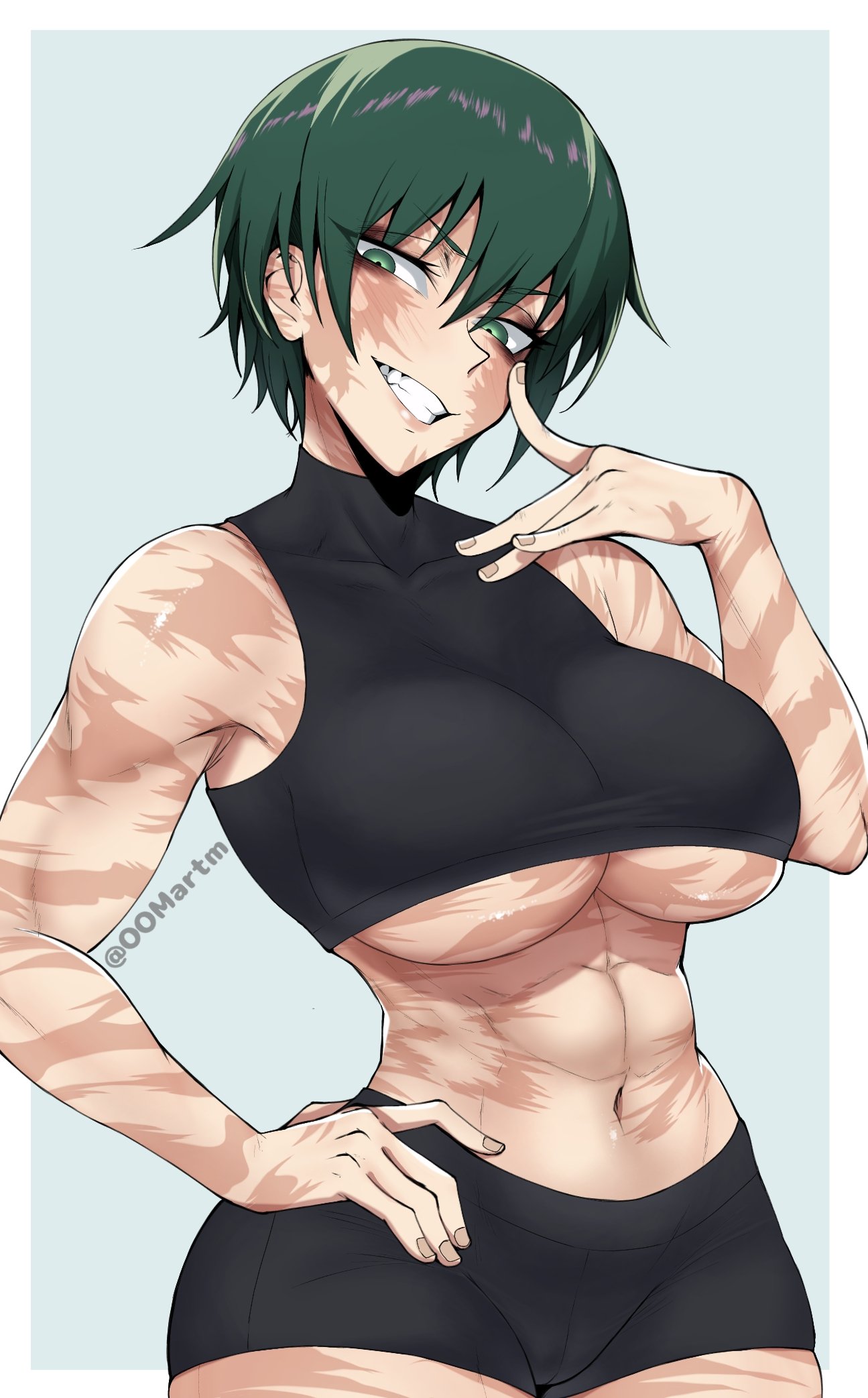 zen'in maki, jujutsu kaisen, commentary, english commentary, highres, variant set, 1girl, abs, armpit crease, bare shoulders, black shorts, black tank top, blush, border, breasts, burn scar, covered collarbone, cowboy shot, cropped shirt, eyelashes, eyeshadow, facial scar, finger to eye, fingernails, green eyes, green hair, grey background, hair between eyes, hand on own hip, hand up, head tilt, large breasts, looking at viewer, makeup, midriff, muscular, muscular female, navel, nose, oomartm, outside border, scar, scar on arm, scar on breasts, scar on cheek, scar on ear, scar on face, scar on hand, scar on neck, scar on shoulder, scar on stomach, scar on thighs, short hair, shorts, simple background, smile, solo, tank top, teeth, twitter username, underboob, white border