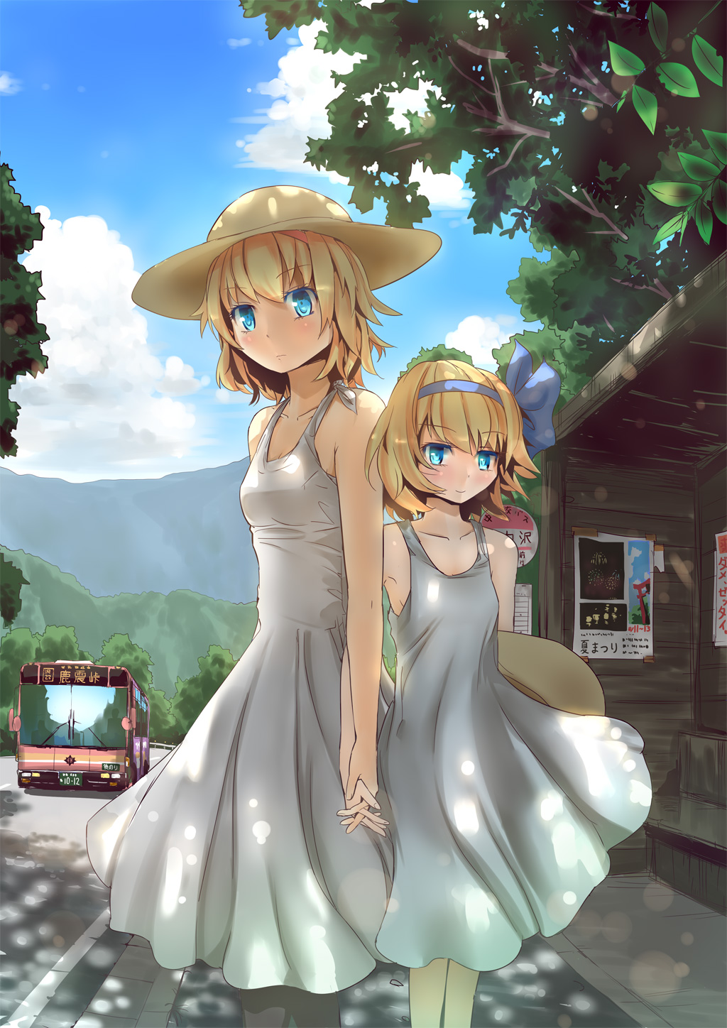 alice margatroid, touhou, 2girls, blonde hair, blue sky, bus, bus stop, motor vehicle, mountain, multiple girls, sky