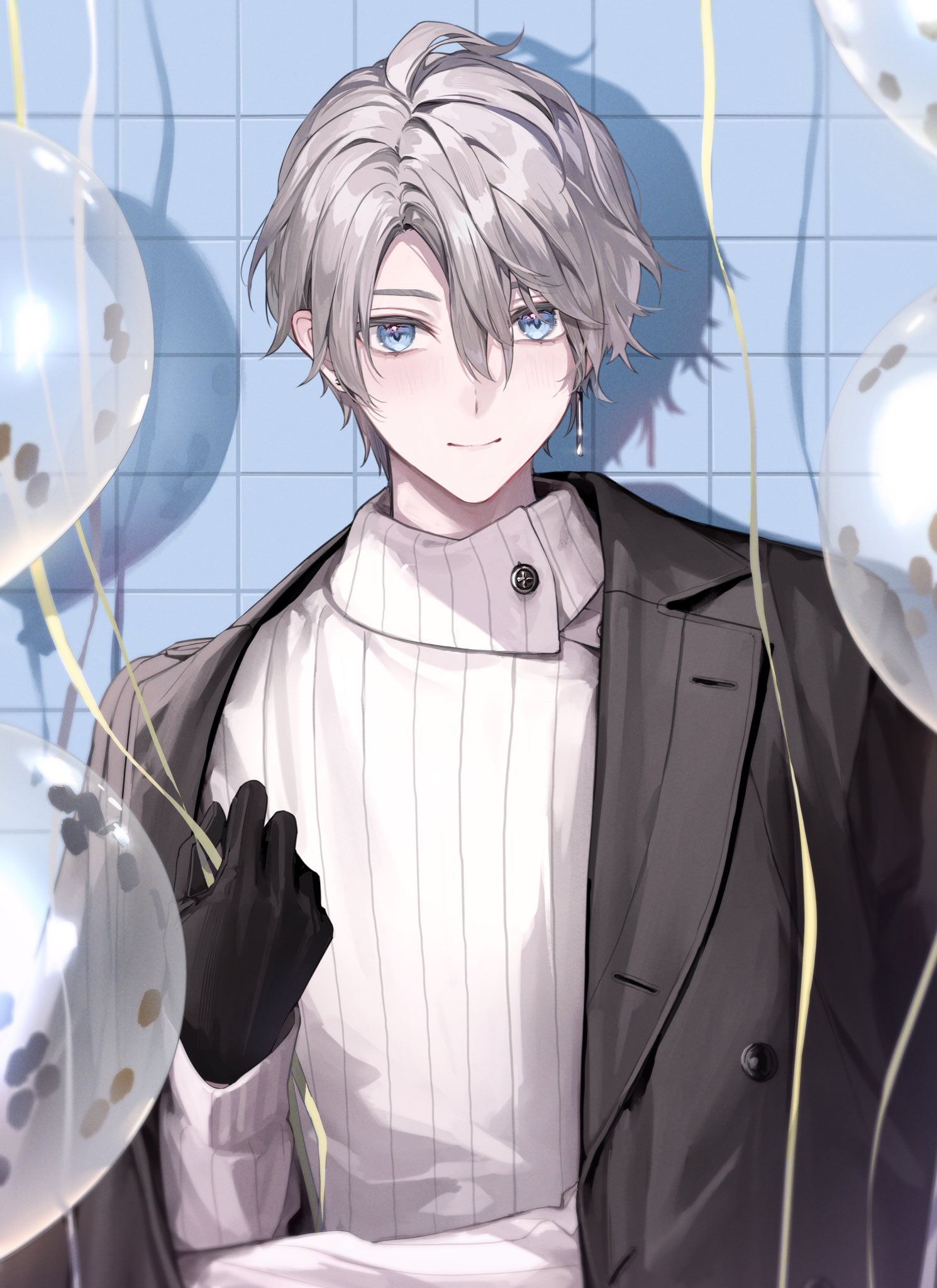 hitomyan, kaida haru, kaida haru (2nd costume), nijisanji, commentary request, highres, 1boy, balloon, black coat, black gloves, blue eyes, buttons, closed mouth, coat, collared shirt, earrings, gloves, grey hair, grid background, hair between eyes, holding, holding balloon, jewelry, lapels, light blush, male focus, notched lapels, open clothes, open coat, pinstripe pattern, pinstripe shirt, shadow, shirt, short hair, solo, upper body, virtual youtuber, white shirt