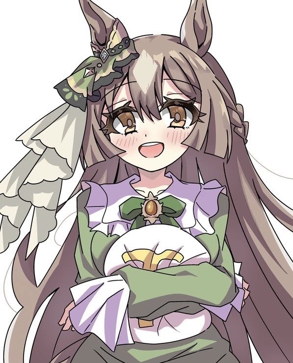 ziromaru765, satono diamond (umamusume), t-head trainer (umamusume), trainer (umamusume), umamusume, 1girl, animal ears, blush, bow, braid, breasts, brown eyes, brown hair, collarbone, double-parted bangs, dress, ear ornament, green bow, green dress, hair between eyes, half up braid, holding, horse ears, horse girl, horse tail, long hair, long sleeves, looking at viewer, multicolored hair, open mouth, simple background, smile, solo, streaked hair, tail, teeth, upper teeth only, very long hair, white background