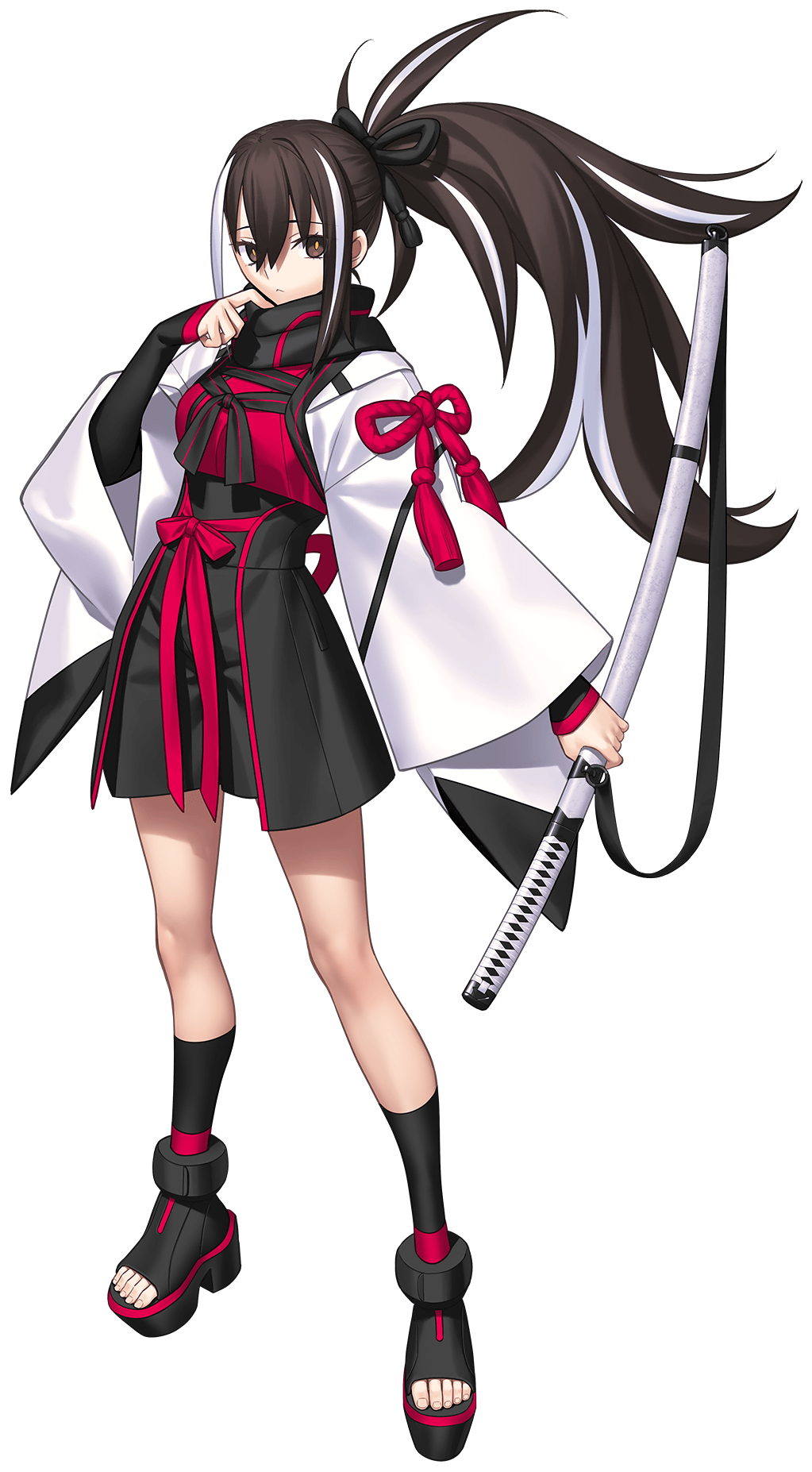 takeuchi takashi, fate/grand order, fate (series), highres, official art, second-party source, 1girl, black ribbon, black scarf, black shoes, black shorts, black socks, brown eyes, brown hair, full body, hair ribbon, haori, holding, holding sword, holding weapon, japanese clothes, katana, kawakami gensai (fate), long hair, looking at viewer, multicolored hair, outline, ponytail, red ribbon, ribbon, scarf, shirt, shoes, shorts, socks, solo, standing, streaked hair, sword, tachi-e, transparent background, two-tone hair, weapon, white hair, white haori, white outline
