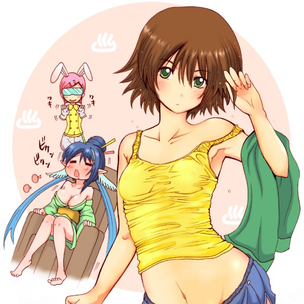shiina you (tomoshibi), estellise sidos heurassein, judith (tales), rita mordio, tales of (series), tales of vesperia, 00s, 3girls, alternate costume, animal ears, blue hair, bob cut, brown hair, camisole, green eyes, midriff, multiple girls, official alternate costume, pink hair, pointy ears, rabbit ears, strap slip