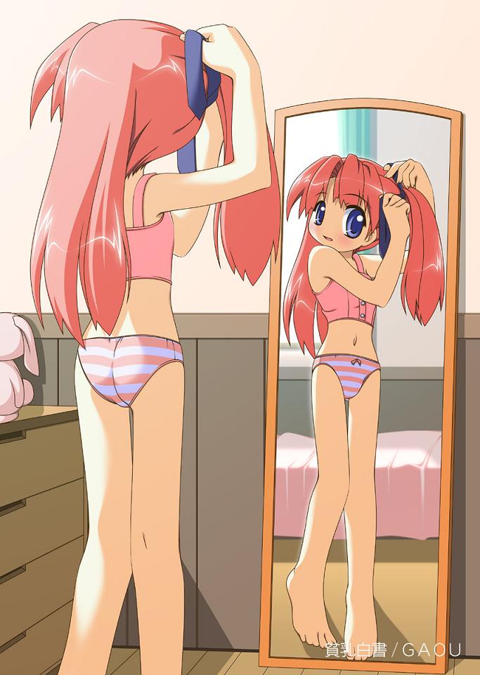 gaou (babel), original, wall, 1girl, adjusting hair, ass, barefoot, bed, bedroom, blue eyes, blush, bow, bow panties, female focus, from behind, hair ribbon, loli, long hair, midriff, mirror, navel, open mouth, panties, pink hair, pink panties, pink shirt, reflection, ribbon, shirt, solo, standing, striped clothes, striped panties, stuffed animal, stuffed rabbit, stuffed toy, tank top, twintails, tying hair, underwear, undressing