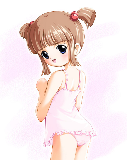 1girl, ass, blue eyes, blush, brown hair, camisole, female focus, from behind, hair bobbles, hair ornament, loli, looking at viewer, looking back, open mouth, panties, pink background, pink camisole, pink panties, short hair, smile, solo, standing, two-tone background, underwear, white background