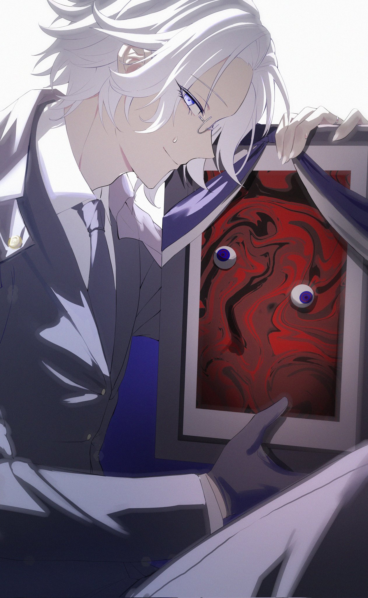 aotsuki eito, the hundred line -last defense academy-, commentary, highres, 1boy, black gloves, black jacket, black necktie, black pants, black vest, blue background, dongur1 0606, eyeball, formal clothes, from side, glasses, gloves, grey hair, hand up, holding, holding photo, iei, jacket, looking at viewer, male focus, necktie, pants, photo (object), purple eyes, shirt, short hair, smile, solo, sweatdrop, two-tone background, vest, white background, white shirt