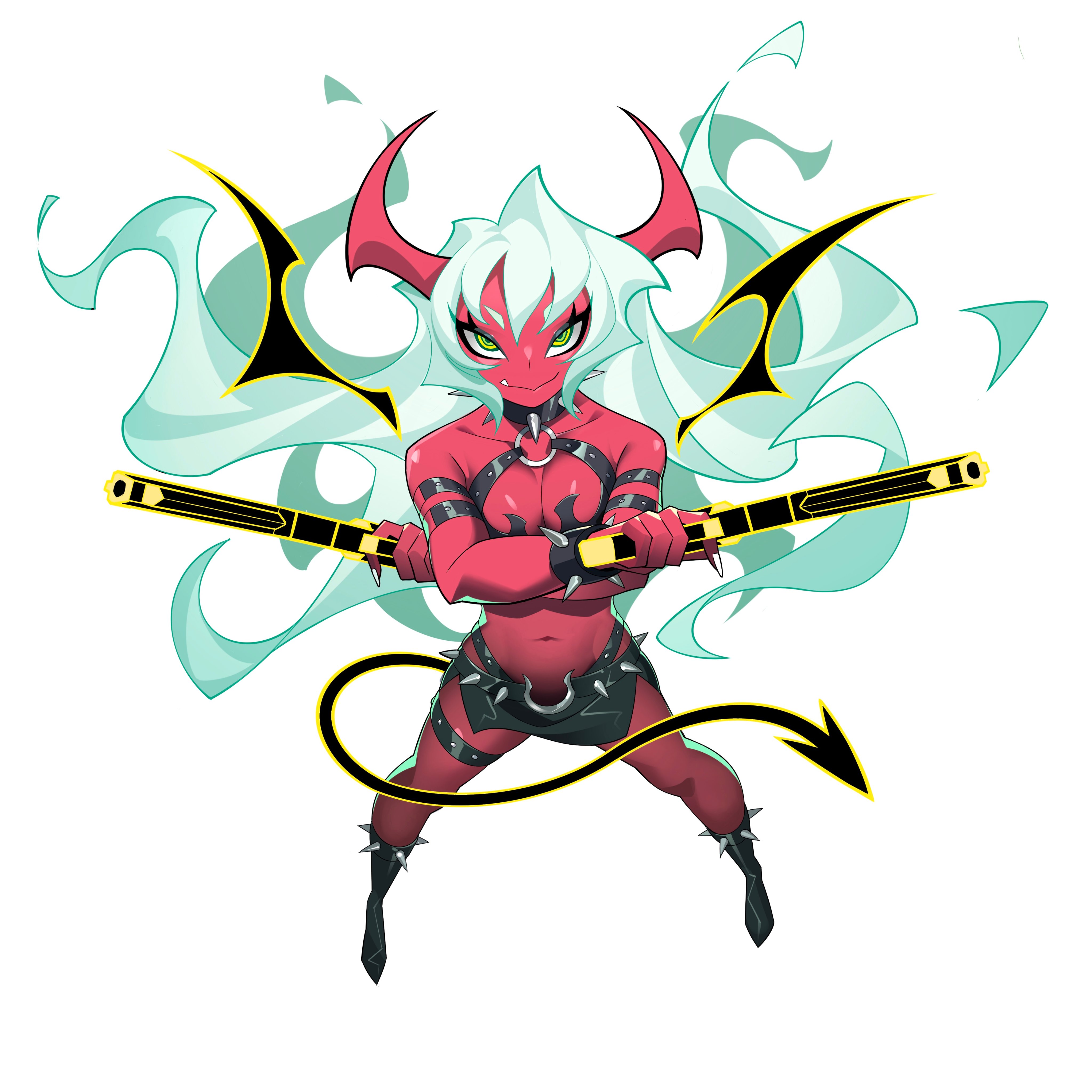 tlotro, scanty (psg), panty & stocking with garterbelt, absurdres, highres, 1girl, breasts, colored skin, crossed arms, demon girl, demon horns, demon tail, fang, full body, green eyes, green hair, gun, holding, holding gun, holding weapon, horns, looking at viewer, looking up, red skin, simple background, solo, spiked skirt, tail, weapon, white background