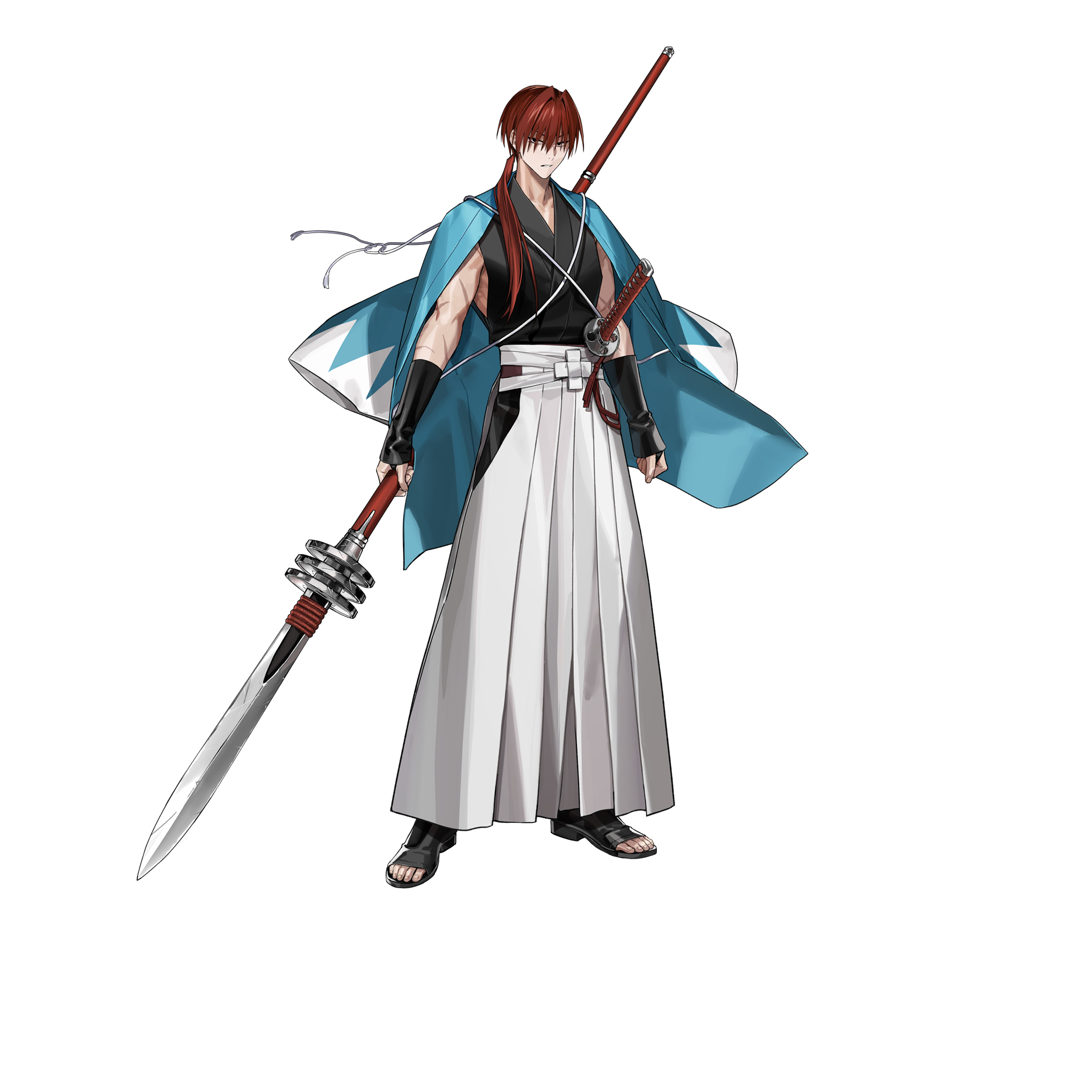 itefu, fate/grand order, fate (series), highres, official art, third-party source, 1boy, black eyes, black gloves, black kimono, blue haori, fingerless gloves, full body, gloves, hakama, haori, haori on shoulders, harada sanosuke (fate), holding, holding polearm, holding weapon, japanese clothes, katana, kimono, long hair, looking at viewer, male focus, multiple scars, open mouth, polearm, ponytail, red hair, scar, scar on arm, shinsengumi, sleeveless, sleeveless kimono, solo, standing, sword, tachi-e, transparent background, weapon, white hakama