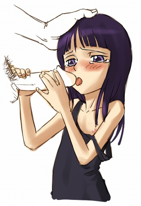 mosha, nico robin, one piece, lowres, 1girl, age difference, aged down, blush, crying, crying with eyes open, erection, fellatio, flat chest, hand on another's head, hetero, loli, male hand, nipples, off shoulder, oral, penis, purple eyes, purple hair, rape, simple background, small areolae, small nipples, tears, uncensored
