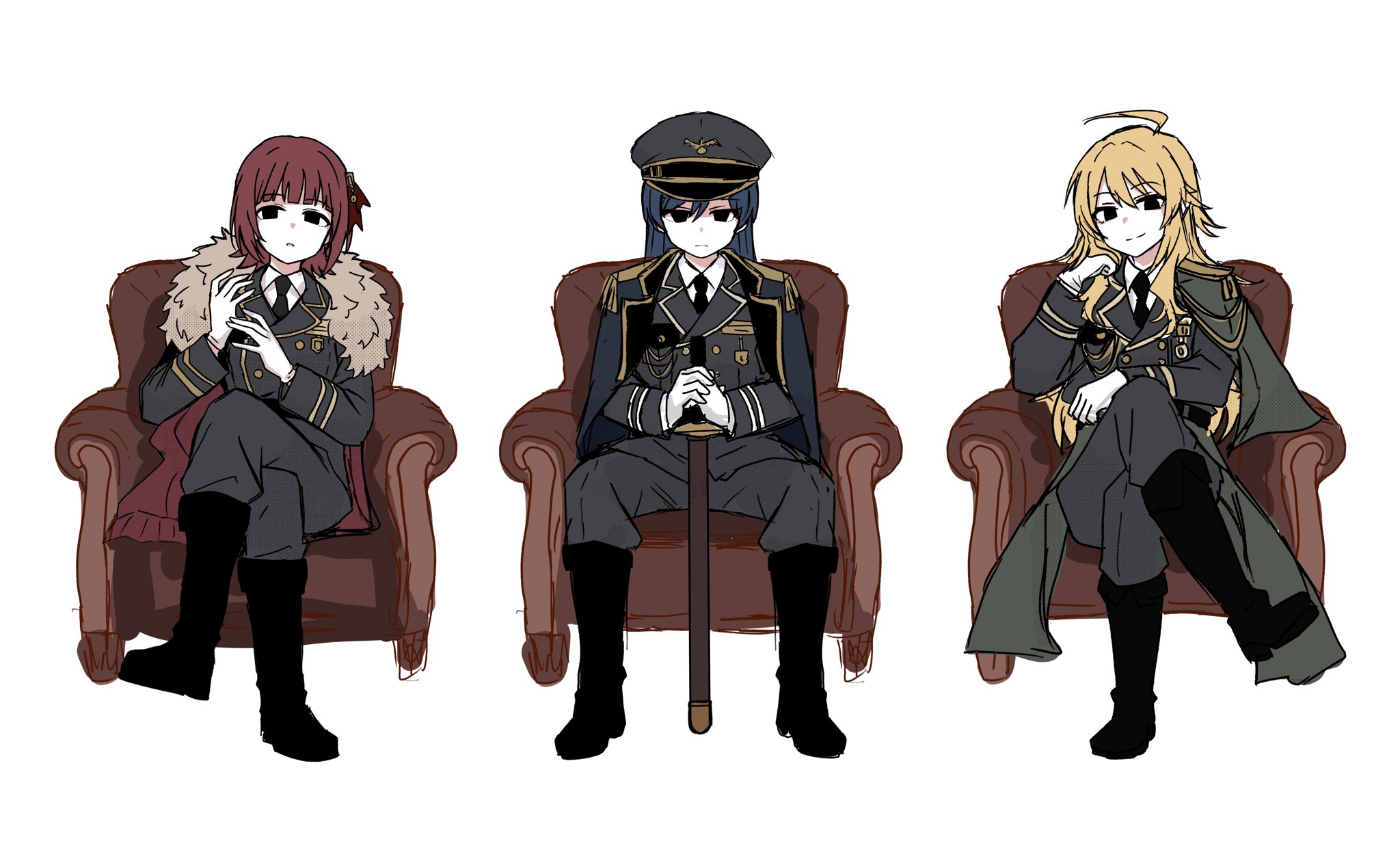 chiwawa174, amami haruka, hoshii miki, kisaragi chihaya, idolmaster, idolmaster (classic), highres, 3girls, ahoge, armchair, black boots, blonde hair, blue hair, boots, brown hair, chair, cloak, closed mouth, crossed legs, full body, gloves, grey jacket, grey pants, hat, jacket, knee boots, long hair, long sleeves, looking at viewer, military dress uniform, military hat, military uniform, multiple girls, on chair, pants, peaked cap, short hair, simple background, sitting, straight-on, sword, weapon, white background, white gloves, wooden sword