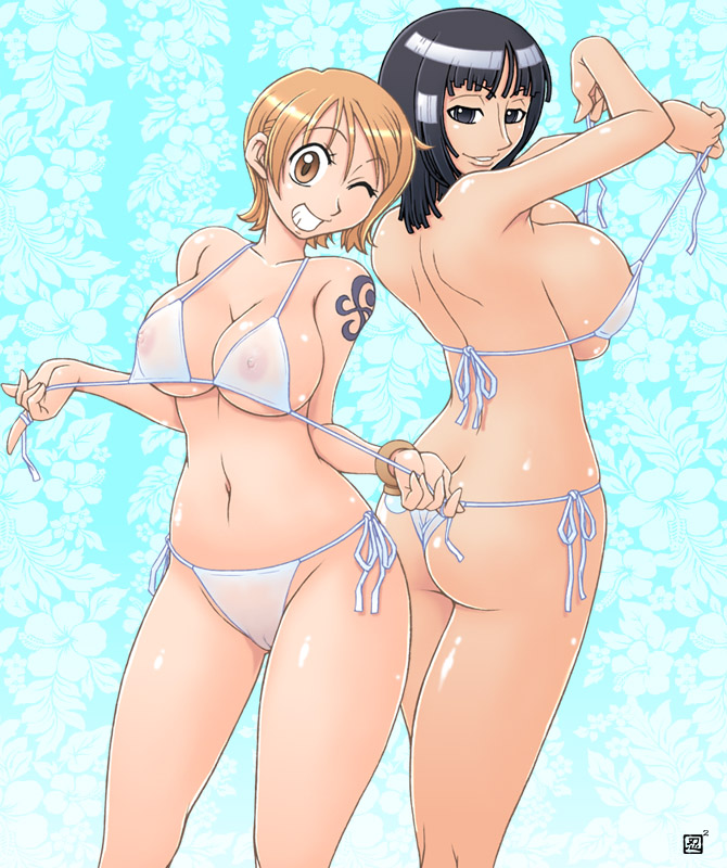 kenix, nami (one piece), nico robin, one piece, 2girls, ass, backboob, bikini, breasts, butt crack, cleft of venus, huge breasts, multiple girls, nipples, pussy, see-through clothes, swimsuit, uncensored