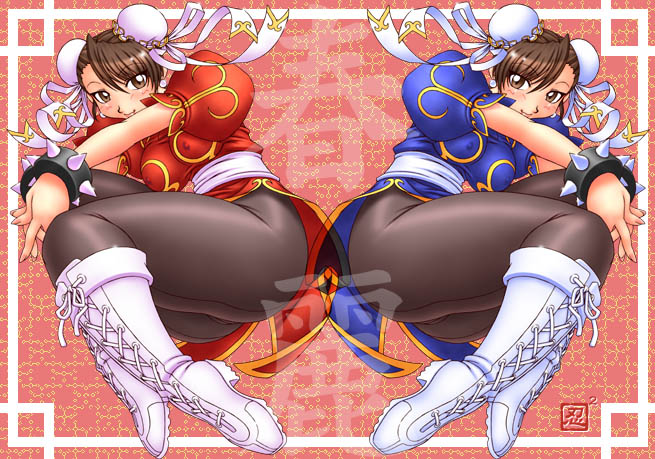 chun-li, capcom, street fighter, brown eyes, brown hair, china dress, chinese clothes, double bun, dress, dual persona, pantyhose