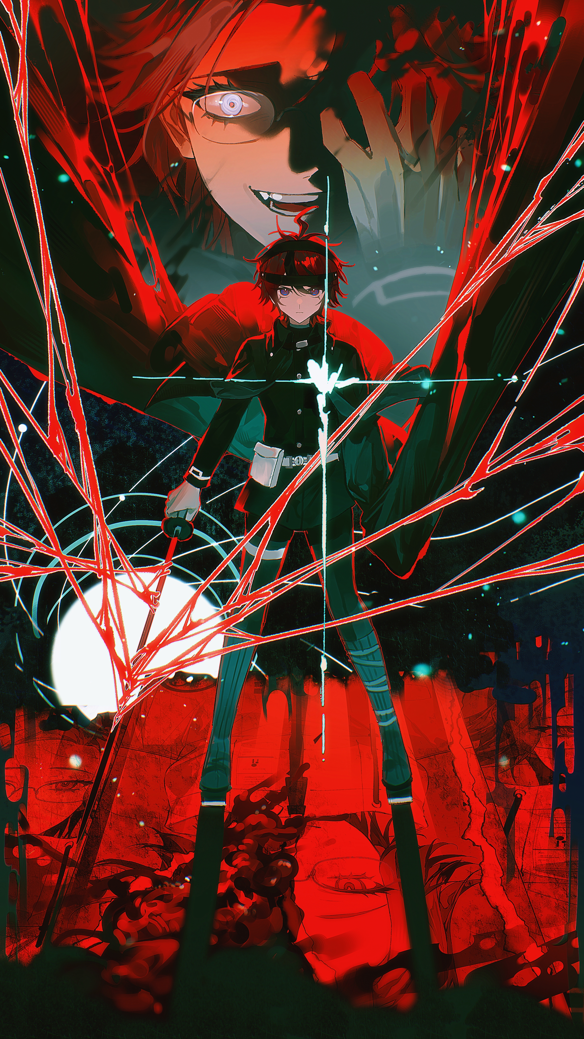 aizendai, aotsuki eito, sumino takumi, the hundred line -last defense academy-, absurdres, chinese commentary, commentary request, highres, spoilers, 2boys, ahoge, black cape, black jacket, black pants, black streaks, blue eyes, cape, evil grin, evil smile, floating cape, gakuran, glasses, glint, gloves, grey hair, grin, holding, holding sword, holding weapon, jacket, last defense academy school uniform, looking at viewer, male focus, multicolored hair, multiple boys, one eye covered, pants, purple eyes, red hair, school uniform, shadow, short hair, smile, standing, streaked hair, sword, weapon, white gloves