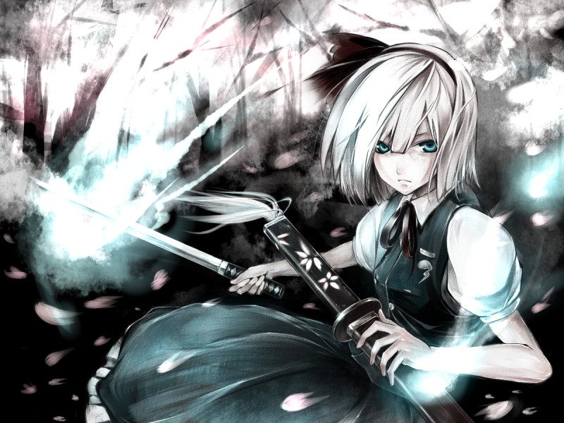 miya9, konpaku youmu, konpaku youmu (ghost), touhou, 1girl, female focus, hitodama, katana, ribbon, school uniform, serafuku, short hair, solo, sword, weapon