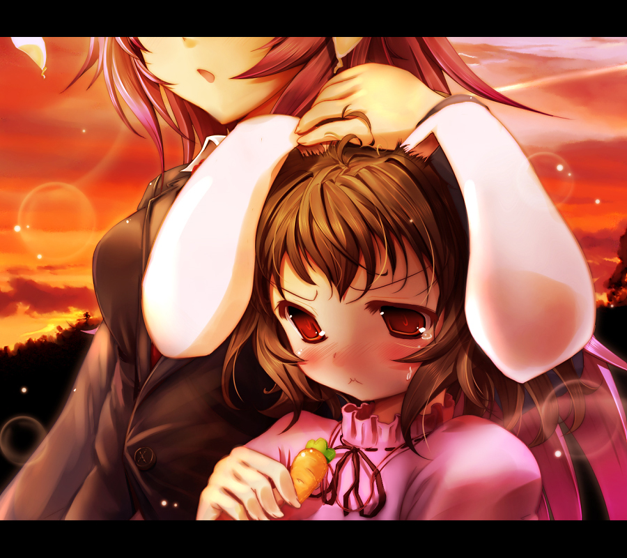 scarlet (studioscr), inaba tewi, reisen udongein inaba, touhou, bad id, bad pixiv id, 2girls, animal ears, blazer, brown hair, carrot, carrot necklace, female focus, hand on another's head, height difference, jacket, jewelry, lens flare, letterboxed, long hair, multiple girls, necklace, pendant, purple hair, rabbit ears, red eyes, ribbon, sunset, tears