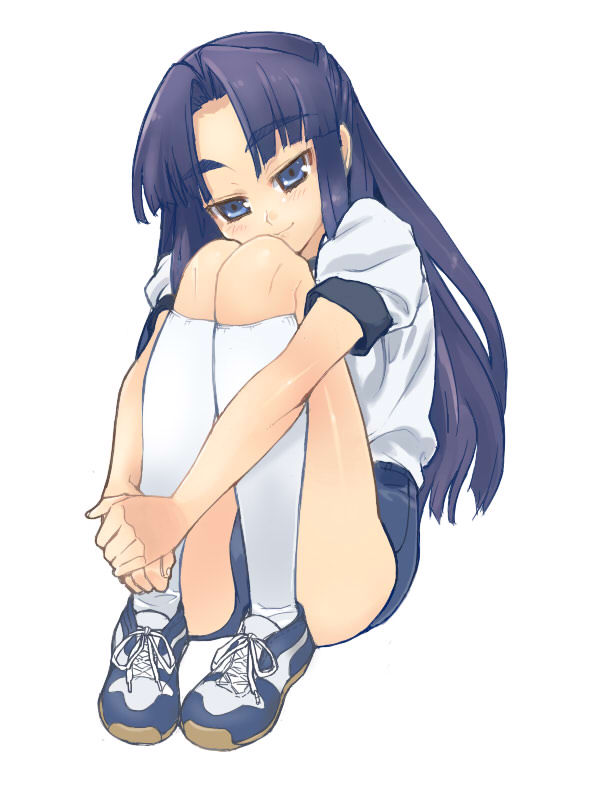 tonbi, asakura ryoko, suzumiya haruhi no yuuutsu, bad id, bad pixiv id, 00s, 1girl, blue eyes, blue hair, buruma, female focus, kneehighs, long hair, matching hair/eyes, shoes, simple background, smile, sneakers, socks, solo, underwear, white background, white socks