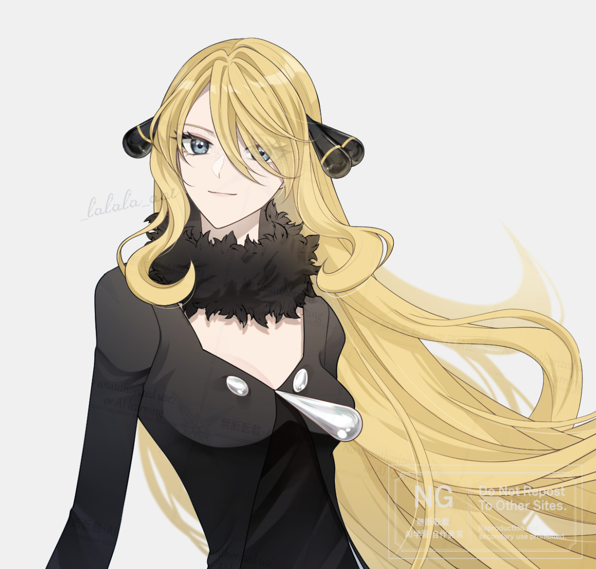 sakaralalala, cynthia (pokemon), nintendo, pokemon, pokemon dppt, commentary request, 1girl, black coat, blonde hair, breasts, cleavage, closed mouth, coat, fur-trimmed coat, fur-trimmed sleeves, fur collar, fur trim, grey eyes, hair ornament, hair over one eye, long hair, long sleeves, looking at viewer, simple background, smile, solo, very long hair, zooming in