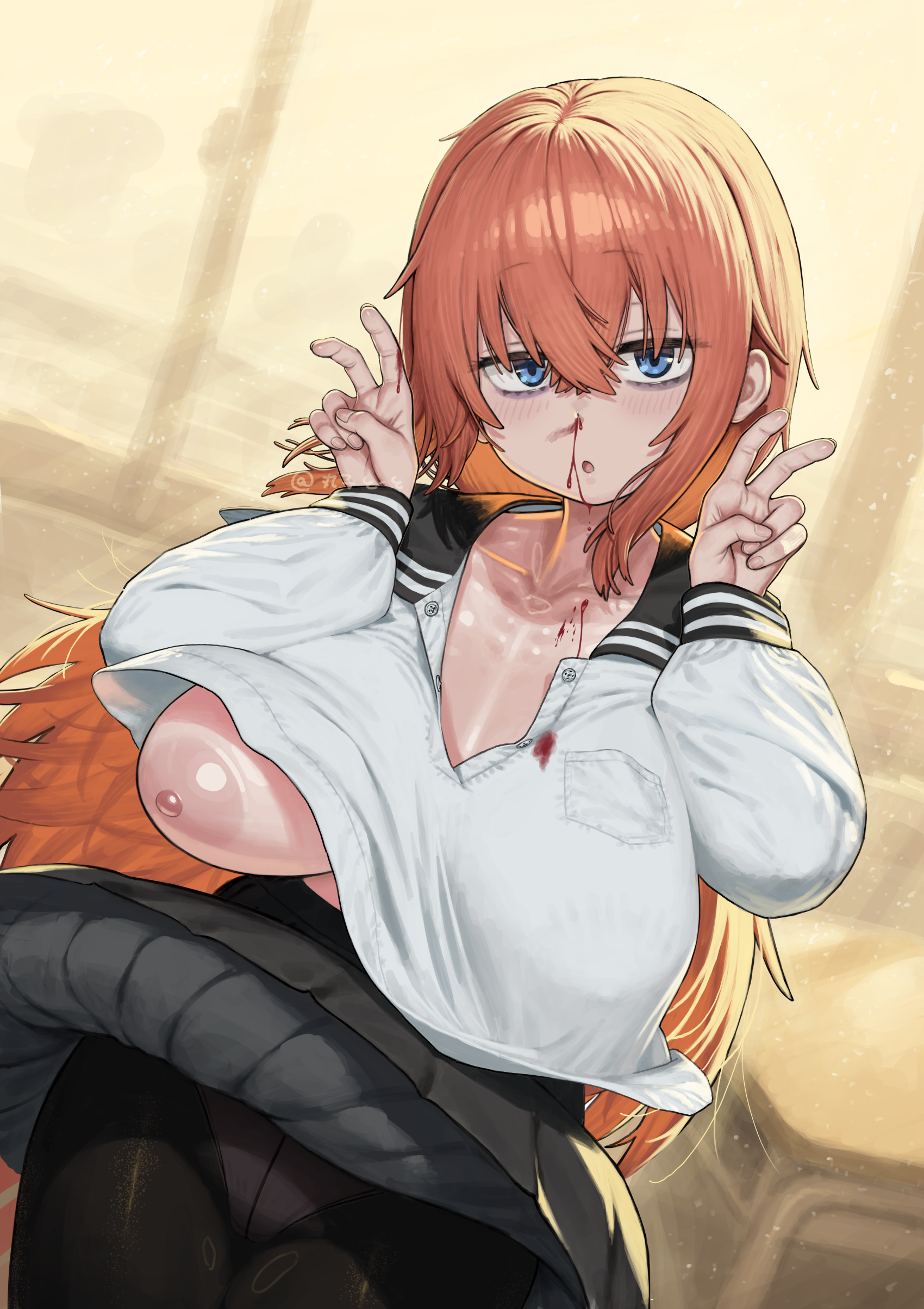 maruko tooto, michinoku komaro, seitokai ni mo ana wa aru!, absurdres, highres, 1girl, bags under eyes, black pantyhose, black skirt, blood, blue eyes, blush, breasts, cleavage, crop top, crop top overhang, cropped shirt, large breasts, long hair, long sleeves, looking at viewer, nipple slip, nipples, nosebleed, open mouth, orange hair, pantyhose, shirt, skirt, solo, white shirt