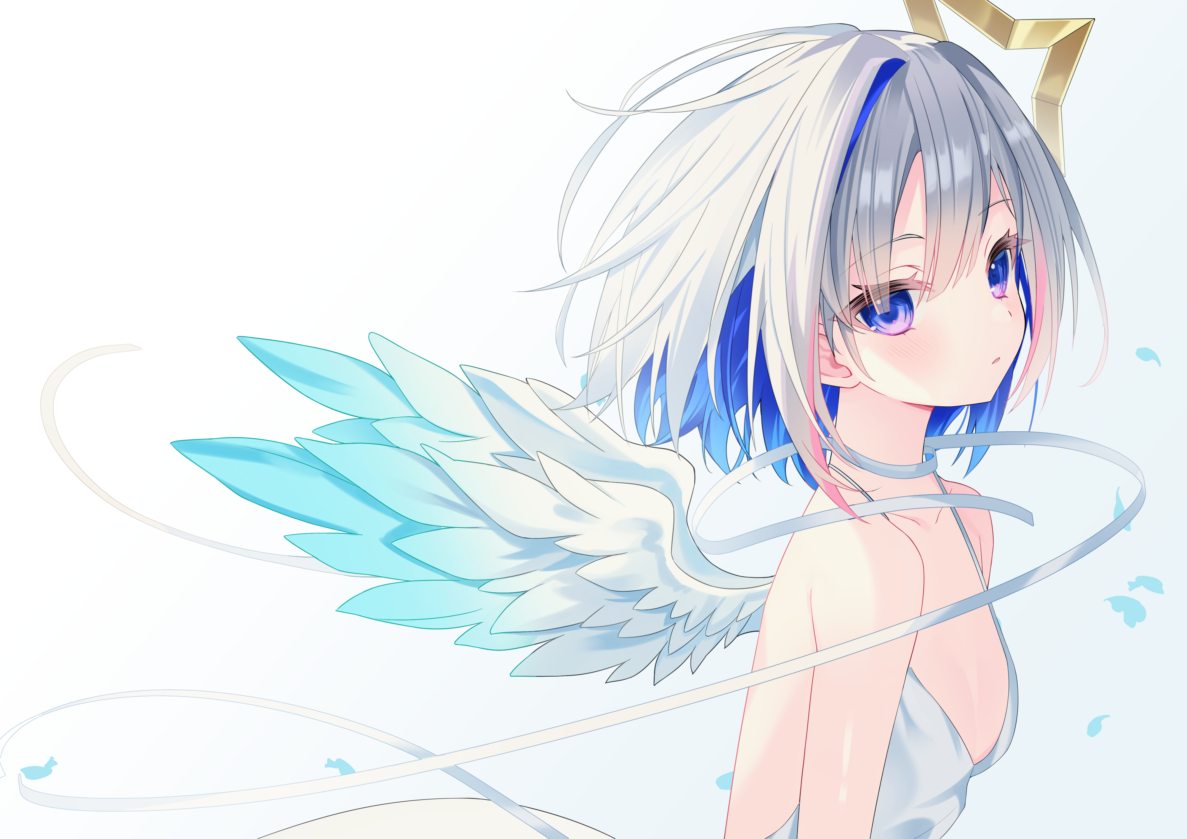 ureinnn, amane kanata, hololive, absurdres, highres, 1girl, angel wings, blue eyes, blue hair, closed mouth, colored inner hair, dress, expressionless, falling petals, feathered wings, from side, halo, multicolored hair, petals, ribbon, short hair, solo, star halo, sundress, upper body, virtual youtuber, white background, white dress, white hair, white ribbon, wings