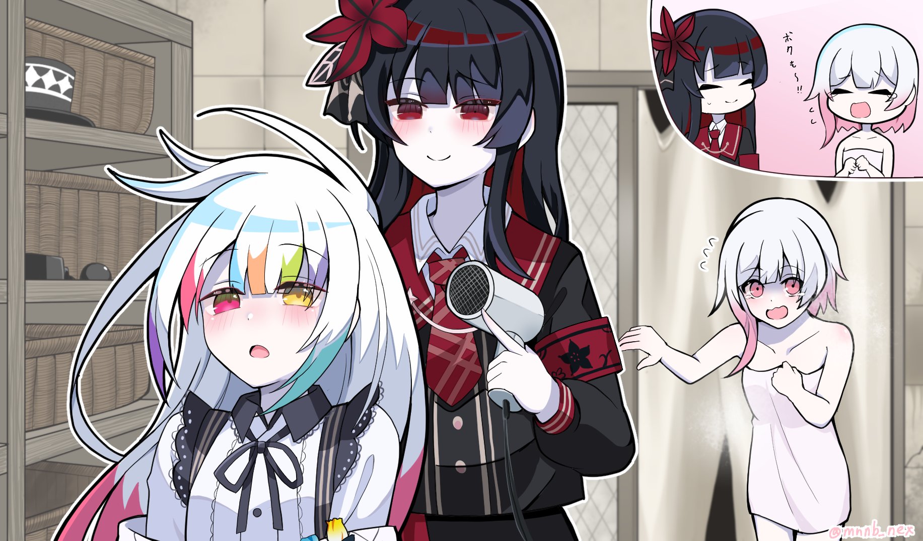 jougasaki noa, nikaidou hiro, sakuraba ema, mahou shoujo no majo saiban, highres, 3girls, after bathing, armband, drying, drying another's hair, drying hair, flower, gloves, gradient hair, hair dryer, hair flower, hair ornament, hat, holding, holding hair dryer, long hair, magical girl, mini hat, mini top hat, mononobe nekuro, multicolored hair, multiple girls, naked towel, necktie, open mouth, pink eyes, red armband, red eyes, red flower, red necktie, smile, tearing up, top hat, towel, very long hair, white gloves, white hair, yellow eyes