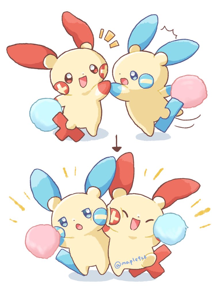 kana (maple926), minun, plusle, nintendo, pokemon, blue eyes, cheering, closed eyes, full body, gen 3 pokemon, holding, holding pom poms, minus sign, no humans, open mouth, plus sign, pokemon (creature), pokemon focus, pom pom (cheerleading), pom poms, red eyes, smile, tail