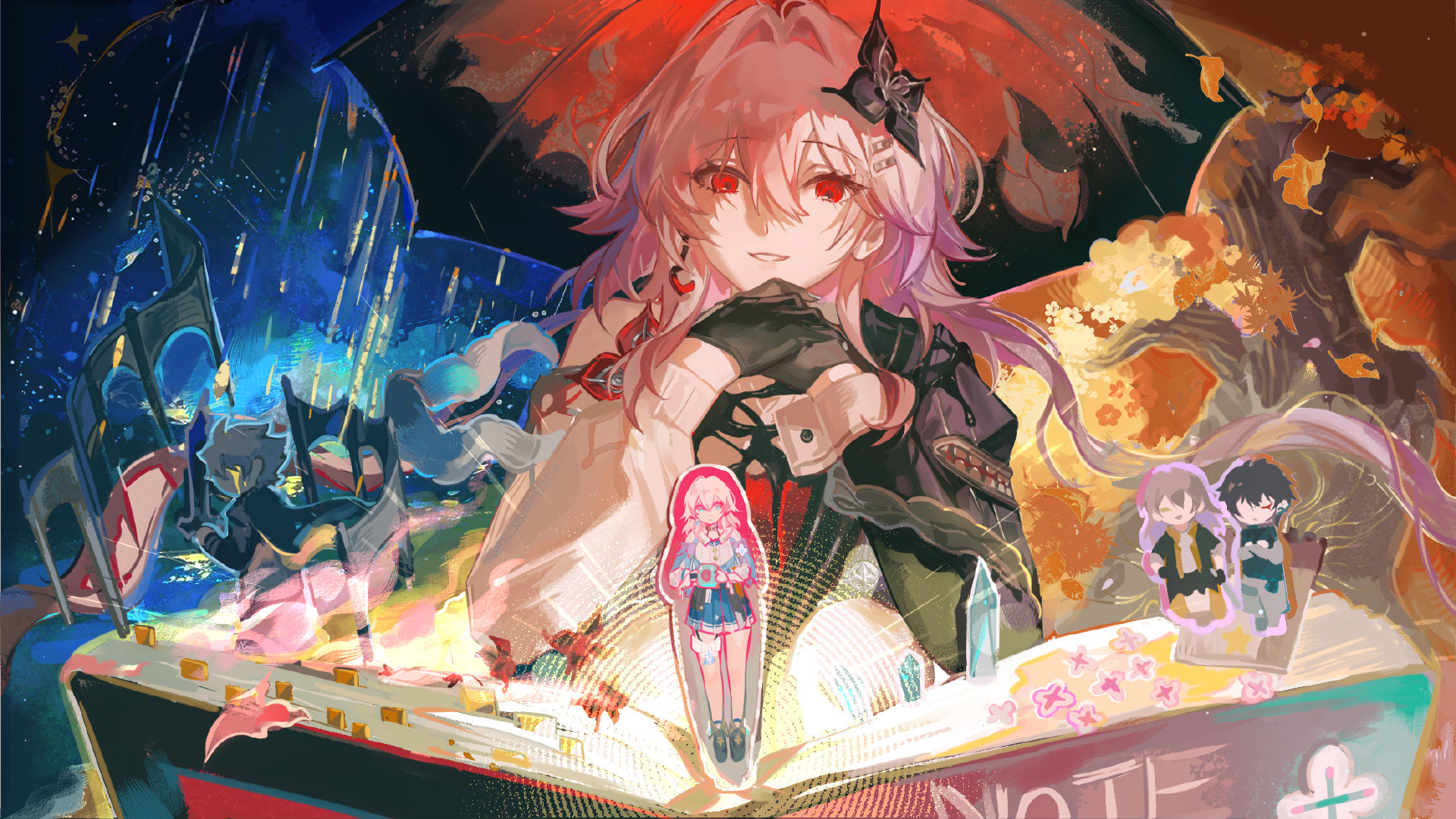komeokun, dan heng (honkai: star rail), dan heng (hunt) (honkai: star rail), evernight (honkai: star rail), march 7th (honkai: star rail), march 7th (preservation) (honkai: star rail), stelle (honkai: star rail), trailblazer (honkai: star rail), honkai: star rail, honkai (series), highres, 1girl, black flower, black gloves, black umbrella, flower, gloves, hair between eyes, hair flower, hair ornament, interlocked fingers, long hair, looking at viewer, official alternate costume, official alternate eye color, official alternate hair length, official alternate hairstyle, parted lips, pink hair, red eyes, single bare shoulder, smile, umbrella