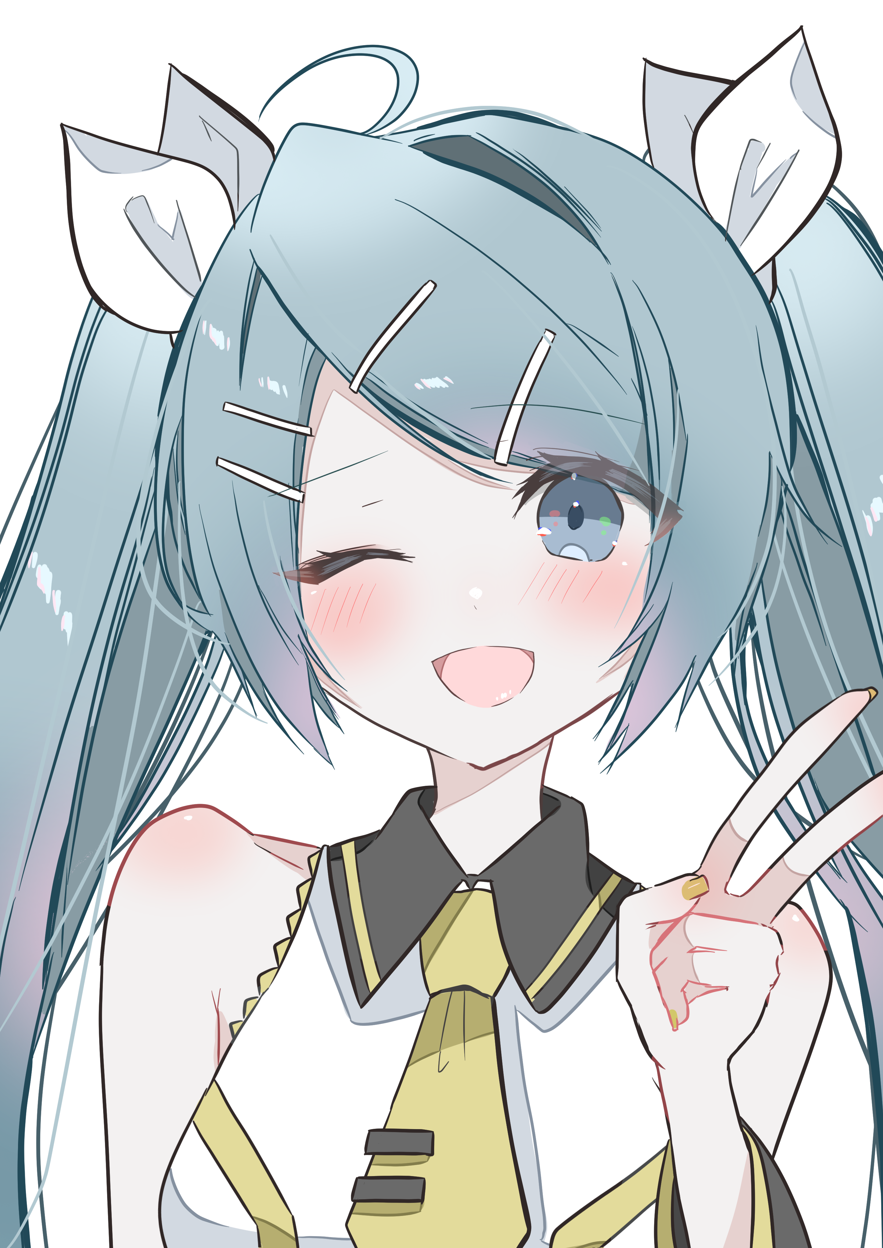 ria art, hatsune miku, vocaloid, absurdres, highres, 1girl, ahoge, aqua eyes, aqua hair, blush, collarbone, collared shirt, long hair, looking at viewer, necktie, one eye closed, open mouth, shirt, simple background, sleeveless, sleeveless shirt, smile, solo, twintails, upper body, v, very long hair, white background, white shirt, yellow eyes, yellow nails, yellow necktie