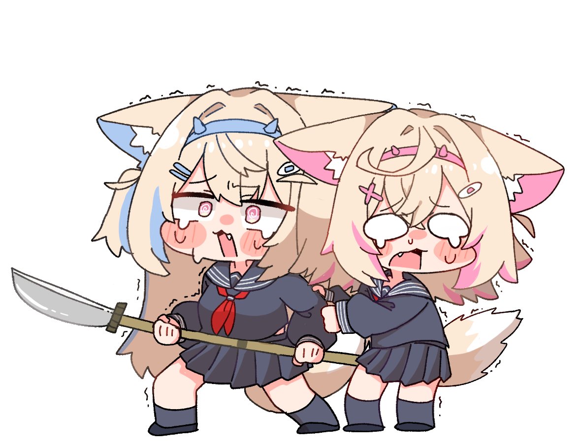 tsurukieeeeeak, fuwawa abyssgard, mococo abyssgard, hololive, hololive english, animal ear fluff, animal ears, blonde hair, blue hair, breasts, chibi, chibi only, dog ears, dog girl, hair ornament, holding, holding polearm, holding weapon, long hair, multicolored hair, multiple girls, pink eyes, polearm, scared, school uniform, spear, streaked hair, virtual youtuber, weapon