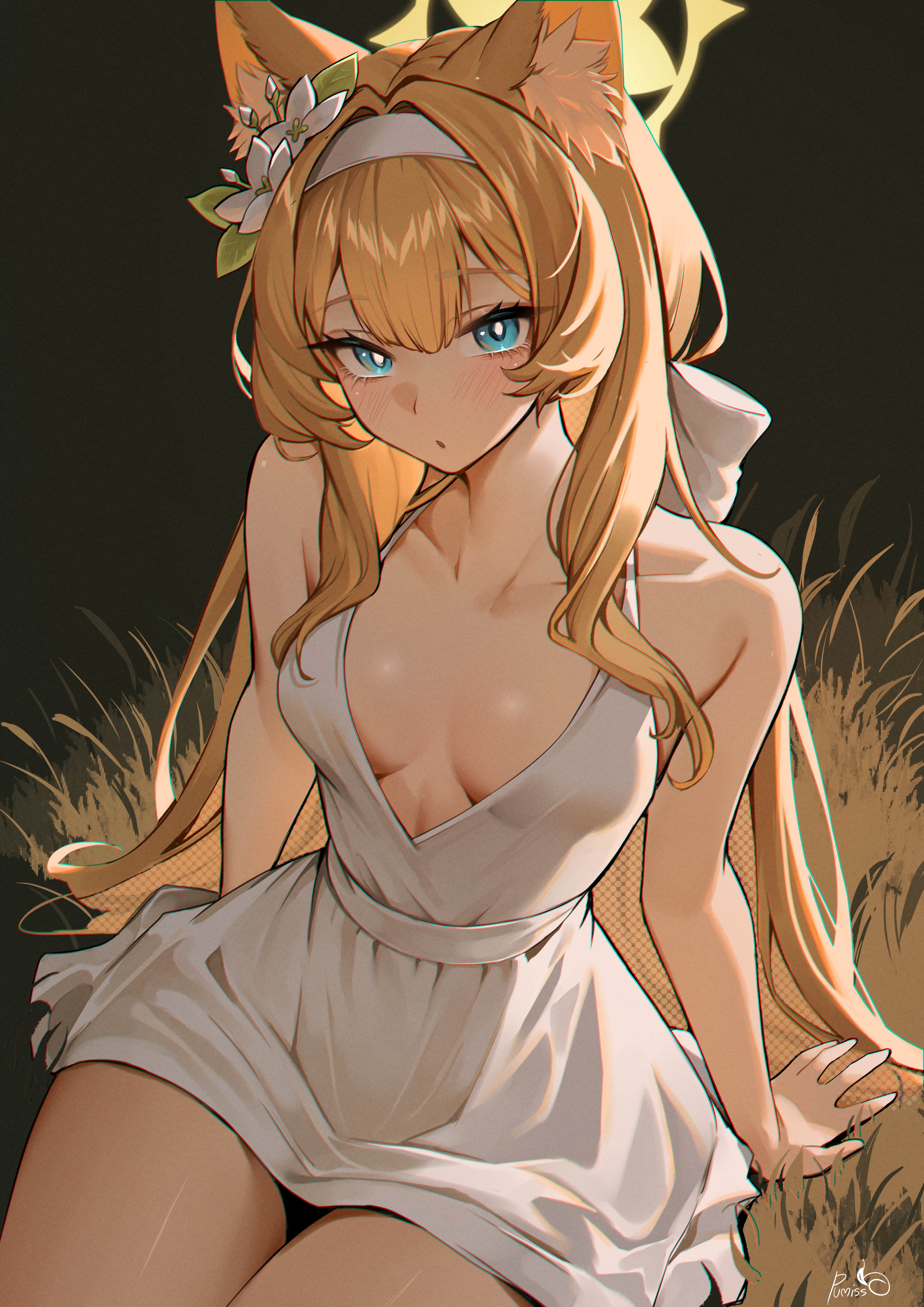 pumiss, mari (blue archive), blue archive, absurdres, highres, 1girl, alternate costume, alternate hairstyle, animal ear fluff, animal ears, arm support, bare arms, blue eyes, blush, breasts, cat ears, cat girl, dress, flower, hair flower, hair ornament, hairband, halo, long hair, looking at viewer, medium breasts, nose blush, open mouth, orange hair, solo, white dress, white hairband, yellow halo