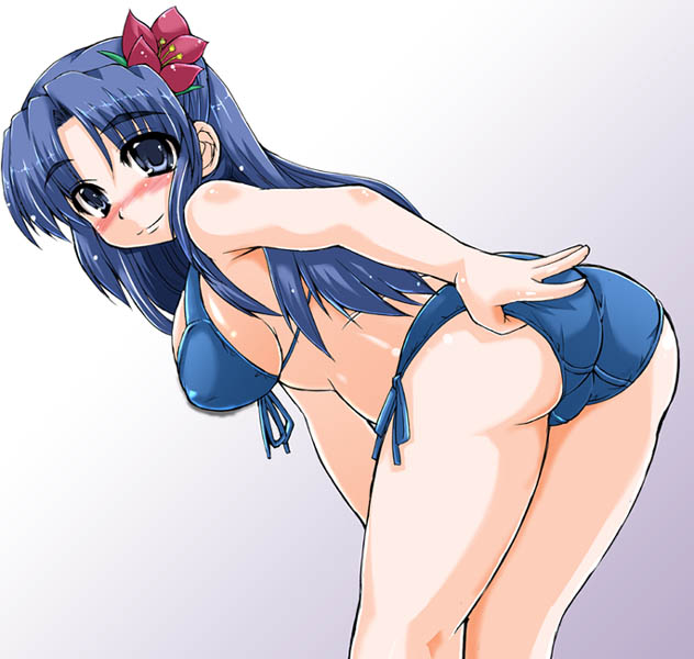 gotyo shibahara, shibahara gocho, asakura ryoko, suzumiya haruhi no yuuutsu, 00s, 1girl, ass, bent over, bikini, blue bikini, blue eyes, blue hair, blue ribbon, blush, breasts, female focus, flower, from behind, front-tie bikini top, front-tie top, hair flower, hair ornament, large breasts, long hair, looking at viewer, matching hair/eyes, nose blush, ribbon, side-tie bikini bottom, sideboob, smile, solo, swimsuit, thick eyebrows, trefoil