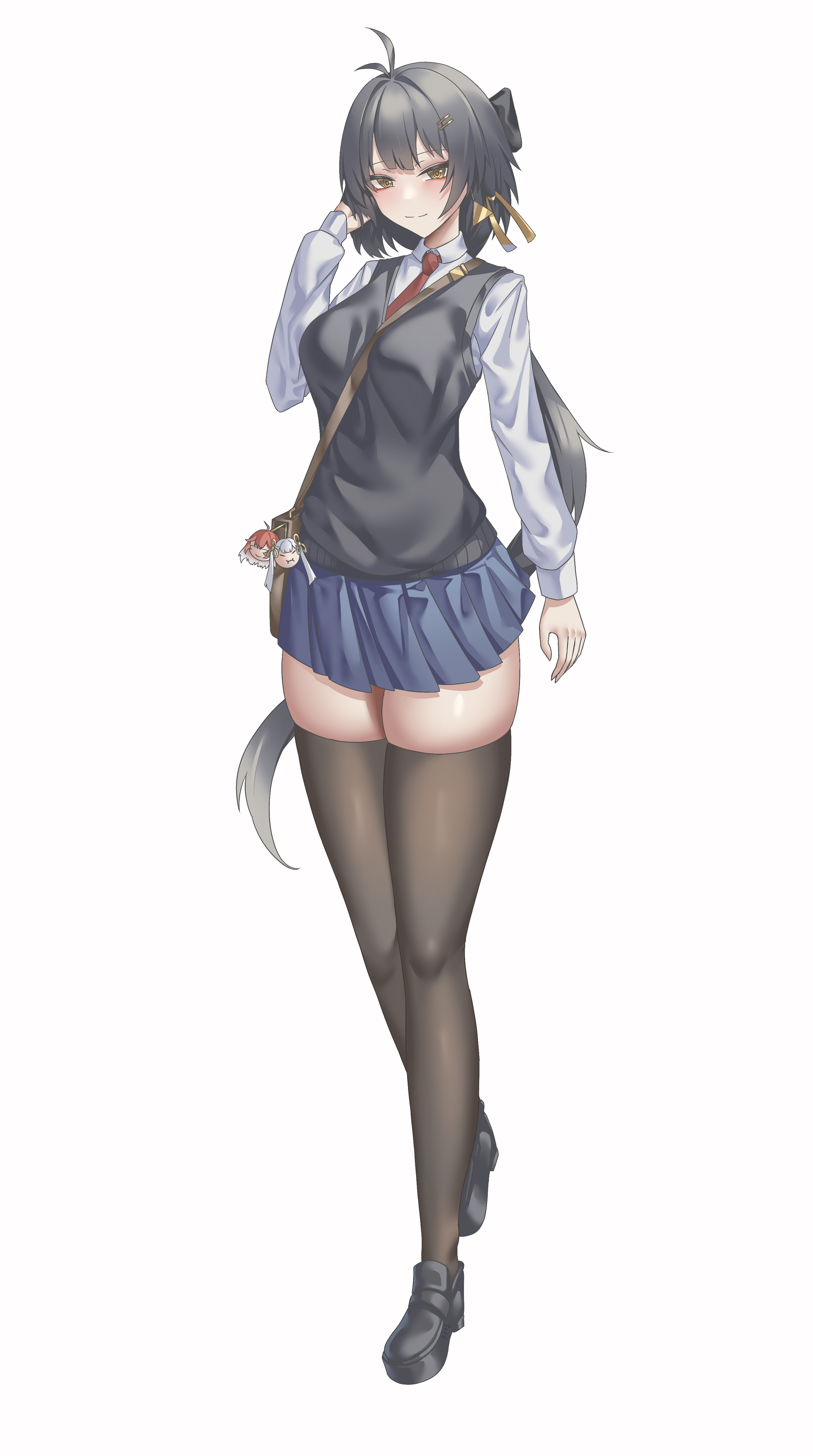ddknai, changli (wuthering waves), female rover (wuthering waves), jinhsi (wuthering waves), rover (wuthering waves), wuthering waves, absurdres, highres, 1girl, alternate costume, antenna hair, bag, black bow, black hair, black shoes, black thighhighs, blue skirt, bow, breasts, character charm, charm (object), closed mouth, full body, hair bow, hair ornament, hair ribbon, hairclip, large breasts, long hair, long sleeves, looking at viewer, microskirt, necktie, parallel hairclips, red necktie, ribbon, school bag, school uniform, shirt, shoes, shoulder bag, simple background, skirt, standing, thighhighs, thighs, very long hair, white background, white shirt, yellow eyes, yellow ribbon