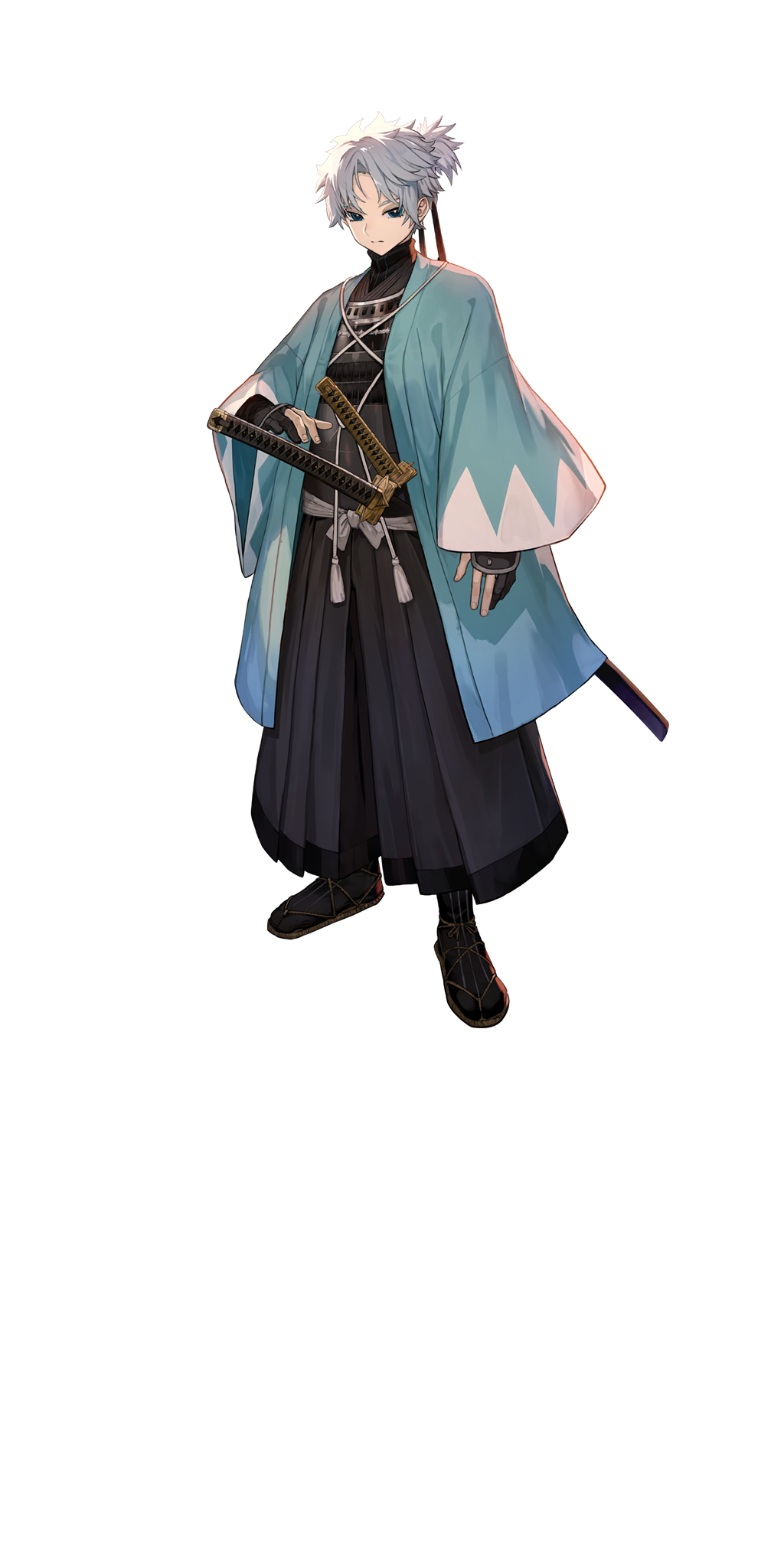 lack, fate/grand order, fate (series), highres, official art, third-party source, variant set, 1boy, armor, black gloves, black hakama, black kimono, black socks, blue eyes, blue haori, full body, gloves, hakama, haori, japanese armor, japanese clothes, katana, kimono, looking at viewer, male focus, partially fingerless gloves, ponytail, sandals, shinsengumi, short hair, socks, solo, standing, sword, tachi-e, toudou heisuke (fate), transparent background, turtleneck, weapon, white hair