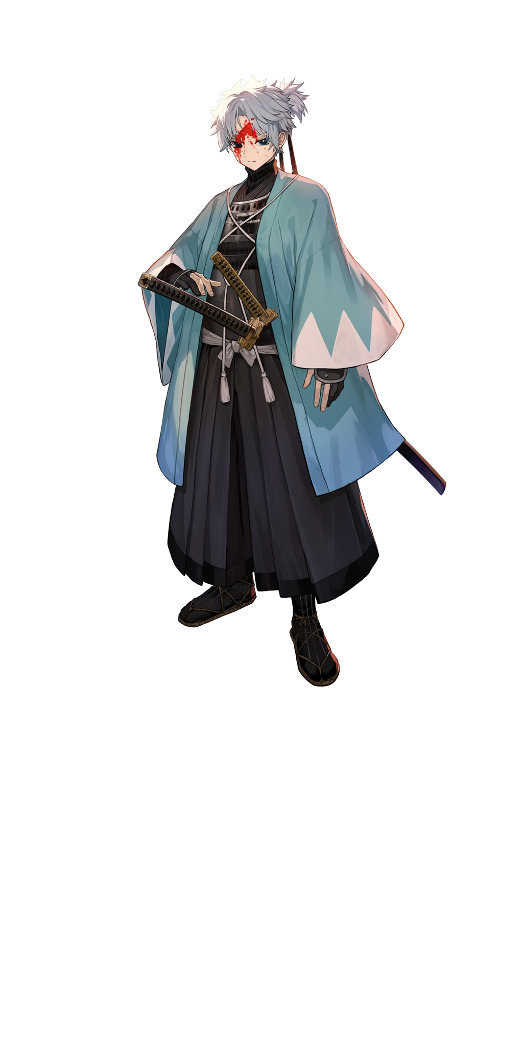 lack, fate/grand order, fate (series), highres, official art, third-party source, variant set, 1boy, armor, black gloves, black hakama, black kimono, black socks, blood, blood on face, blue eyes, blue haori, full body, gloves, hakama, haori, japanese armor, japanese clothes, katana, kimono, looking at viewer, male focus, partially fingerless gloves, ponytail, sandals, shinsengumi, short hair, socks, solo, standing, sword, tachi-e, toudou heisuke (fate), transparent background, turtleneck, weapon, white hair