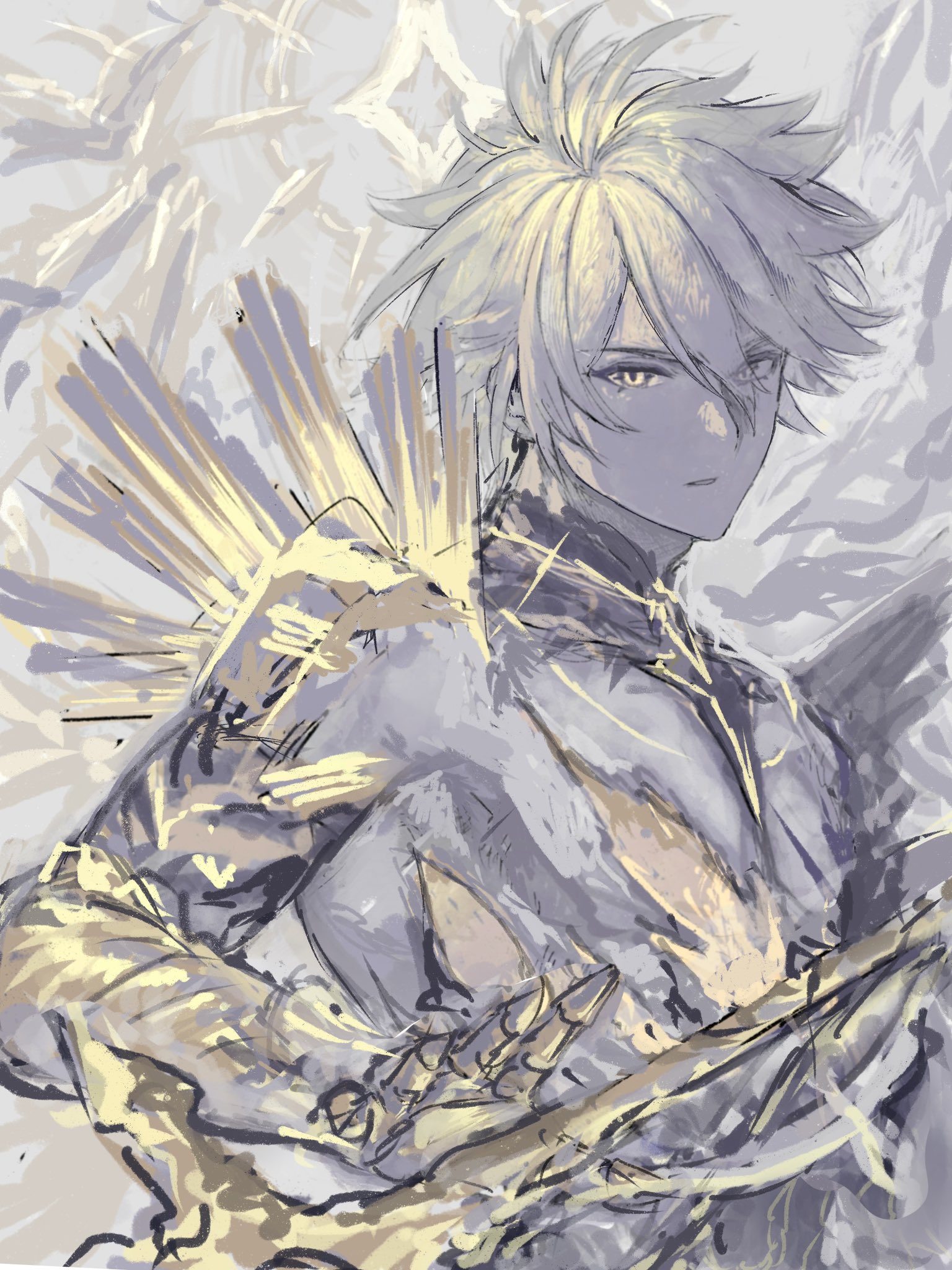 miton (vvse5752), phainon (honkai: star rail), phainon (khaslana) (honkai: star rail), honkai: star rail, honkai (series), commentary request, highres, 1boy, blonde hair, gauntlets, looking at viewer, male focus, no shirt, parted lips, scar, short hair, solo, sword, toned, toned male, upper body, weapon, yellow eyes