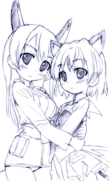 homing (areya), eila ilmatar juutilainen, sanya v. litvyak, strike witches, world witches series, 00s, 2girls, animal ears, couple, monochrome, multiple girls, pantyhose, purple theme, sketch, yuri