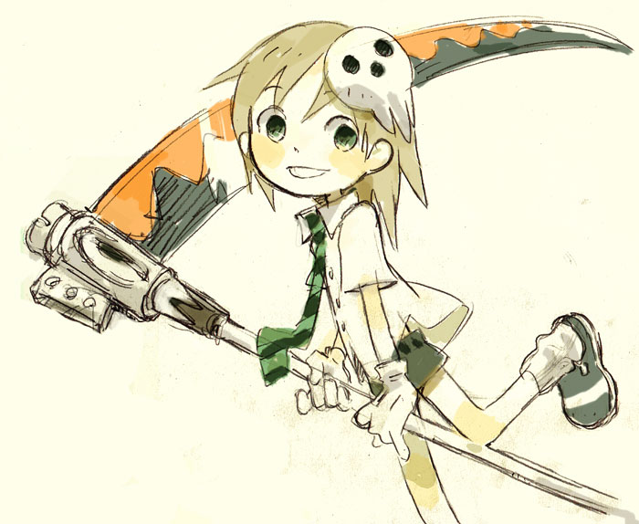 kiikanna, maka albarn, soul eater, non-web source, 00s, aged down, child, gloves, grin, necktie, scythe, sketch, skull, smile, solo