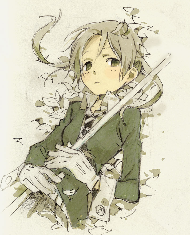 maka albarn, soul eater, artist request, non-web source, 00s, 1girl, female focus, gloves, green eyes, holding, leaf, lying, necktie, solo, twintails