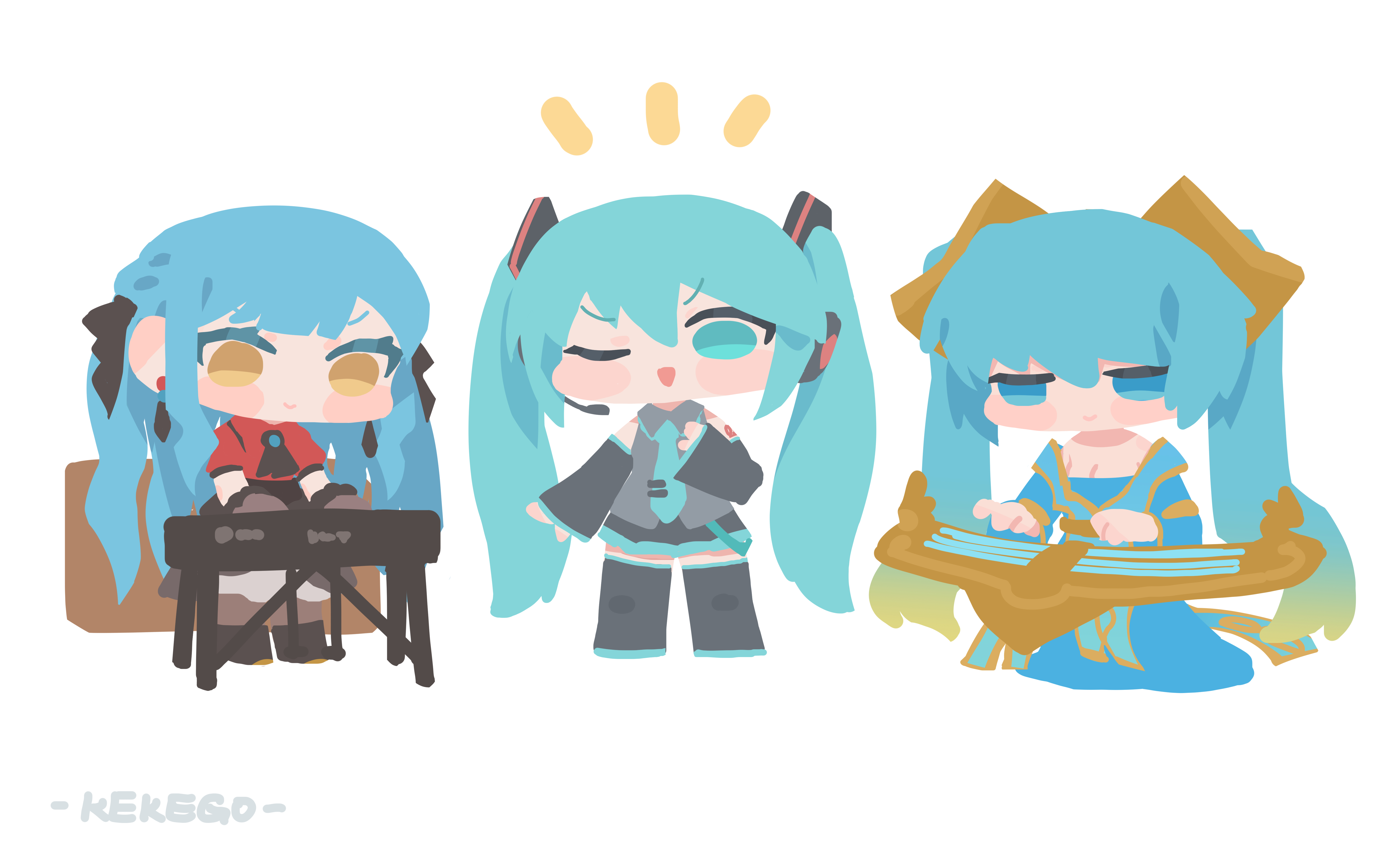 kekego, hatsune miku, oblivionis (bang dream!), sona (league of legends), togawa sakiko, bang dream!, bang dream! it's mygo!!!!!, league of legends, absurdres, highres, 3girls, :>, ;d, aqua hair, aqua necktie, artist name, ascot, black ascot, black boots, black ribbon, black skirt, black sleeves, blue dress, blue eyes, blue hair, blush stickers, boots, brooch, c:, chibi, chibi only, closed mouth, collared shirt, color connection, crossover, detached sleeves, dress, earrings, etwahl, full body, gloves, gradient hair, green hair, grey gloves, grey shirt, hair color connection, hair ribbon, hairstyle connection, headphones, headset, instrument, jewelry, jitome, keyboard (instrument), long dress, long hair, long sleeves, look-alike, looking at viewer, miniskirt, multicolored hair, multiple girls, music, necktie, no pupils, notice lines, off-shoulder dress, off shoulder, one eye closed, open mouth, playing instrument, pleated skirt, puffy cheeks, red shirt, ribbon, shirt, side-by-side, simple background, skirt, sleeveless, sleeveless shirt, smile, standing, thigh boots, thighhighs, tie clip, trait connection, twintails, two-tone hair, two side up, v-shaped eyebrows, very long hair, white background, wing collar, yellow eyes, zettai ryouiki