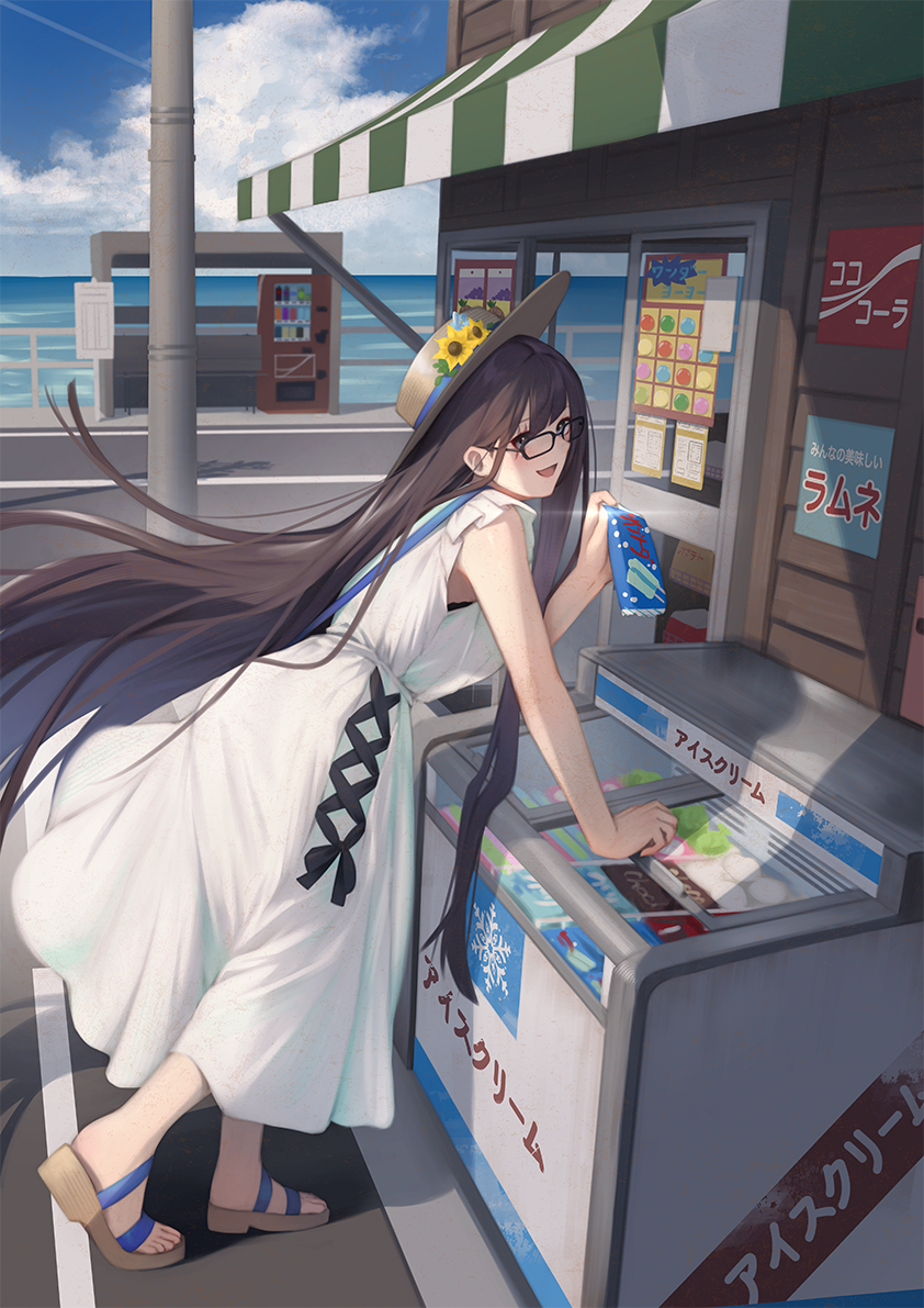 nakaga eri, kurohime (fate), fate/grand order, fate (series), 1girl, blue sky, breasts, brown hair, dress, food, freezer, glasses, grey eyes, hat, long hair, looking at viewer, medium breasts, open mouth, popsicle, sandals, scar, scar across eye, scar on face, sidelocks, sky, smile, solo, straw hat, very long hair, white dress