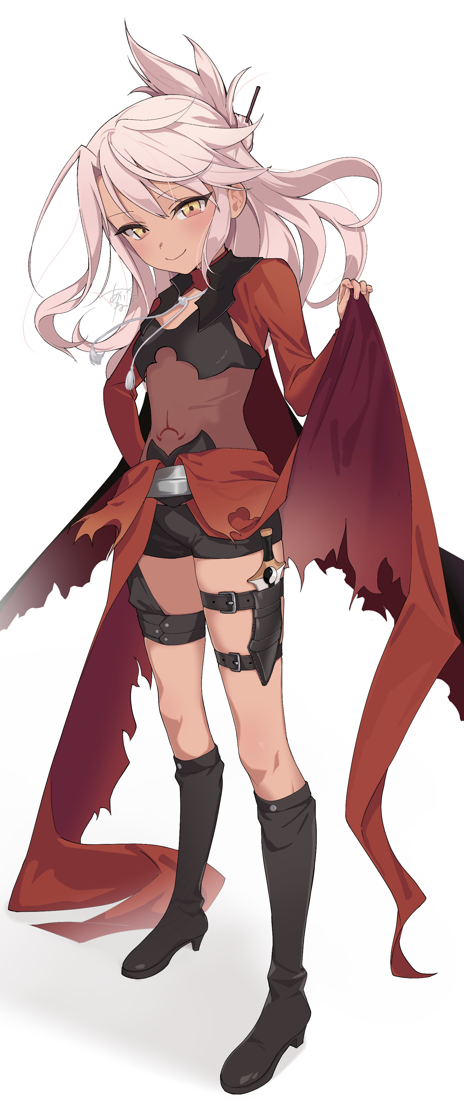 akaneko016, chloe von einzbern, chloe von einzbern (archer install), fate/kaleid liner prisma illya, fate (series), absurdres, highres, 1girl, black boots, black panties, blush, boots, breasts, bridal gauntlets, cape, dark-skinned female, dark skin, full body, hair bun, hair ornament, hairpin, half updo, knee boots, long hair, long sleeves, looking at viewer, navel, orange eyes, panties, pink hair, red cape, red shrug, showgirl skirt, shrug (clothing), sidelocks, small breasts, smile, solo, stomach tattoo, tattoo, underwear