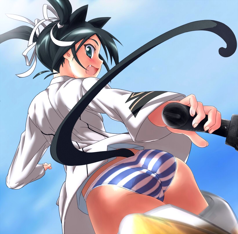 nurumu, francesca lucchini, strike witches, world witches series, uniform, 00s, 1girl, animal ears, ass, black hair, blush, bottomless, cat ears, cat tail, day, fang, female focus, green eyes, gun, hair ribbon, long hair, looking back, no pants, panties, ribbon, sky, solo, striker unit, striped clothes, striped panties, tail, twintails, underwear, weapon