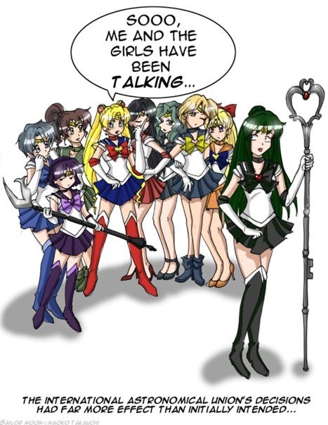 guardiansun, aino minako, hino rei, kaiou michiru, kino makoto, meiou setsuna, mizuno ami, sailor jupiter, sailor mars, sailor mercury, sailor moon, sailor neptune, sailor pluto, sailor saturn, sailor uranus, sailor venus, ten'ou haruka, tomoe hotaru, tsukino usagi, bishoujo senshi sailor moon, blue footwear, purple footwear, 6+girls, black bow, blue bow, blue skirt, bob cut, boots, bow, garnet rod, glaive (polearm), green skirt, knee boots, magical girl, multiple girls, orange skirt, parody, polearm, purple bow, purple skirt, red bow, red skirt, sailor senshi, silence glaive, skirt, weapon, yellow bow