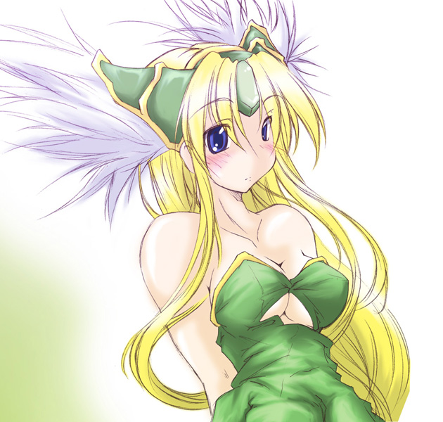 uzuki, riesz, seiken densetsu, seiken densetsu 3, 1girl, blonde hair, blue eyes, breasts, cleavage, female focus, head wings, helmet, large breasts, long hair, solo, winged helmet, wings