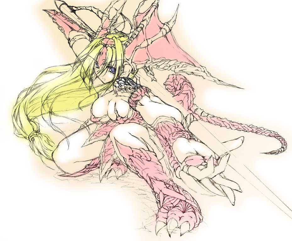 uzuki, dragon master, dragon master (seiken densetsu 3), riesz, seiken densetsu, seiken densetsu 3, 1girl, blonde hair, boots, breasts, claws, cleavage, dragon girl, dragon tail, female focus, fingerless gloves, gloves, head wings, knee boots, large breasts, long hair, low-tied long hair, monster girl, polearm, sketch, solo, spear, tail, weapon, wings