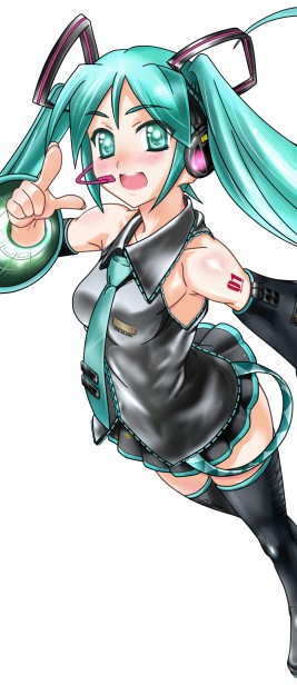 nurumu, hatsune miku, vocaloid, blue eyes, blue hair, blush, detached sleeves, headphones, long hair, miniskirt, necktie, skirt, smile, solo, thighhighs, twintails, zettai ryouiki
