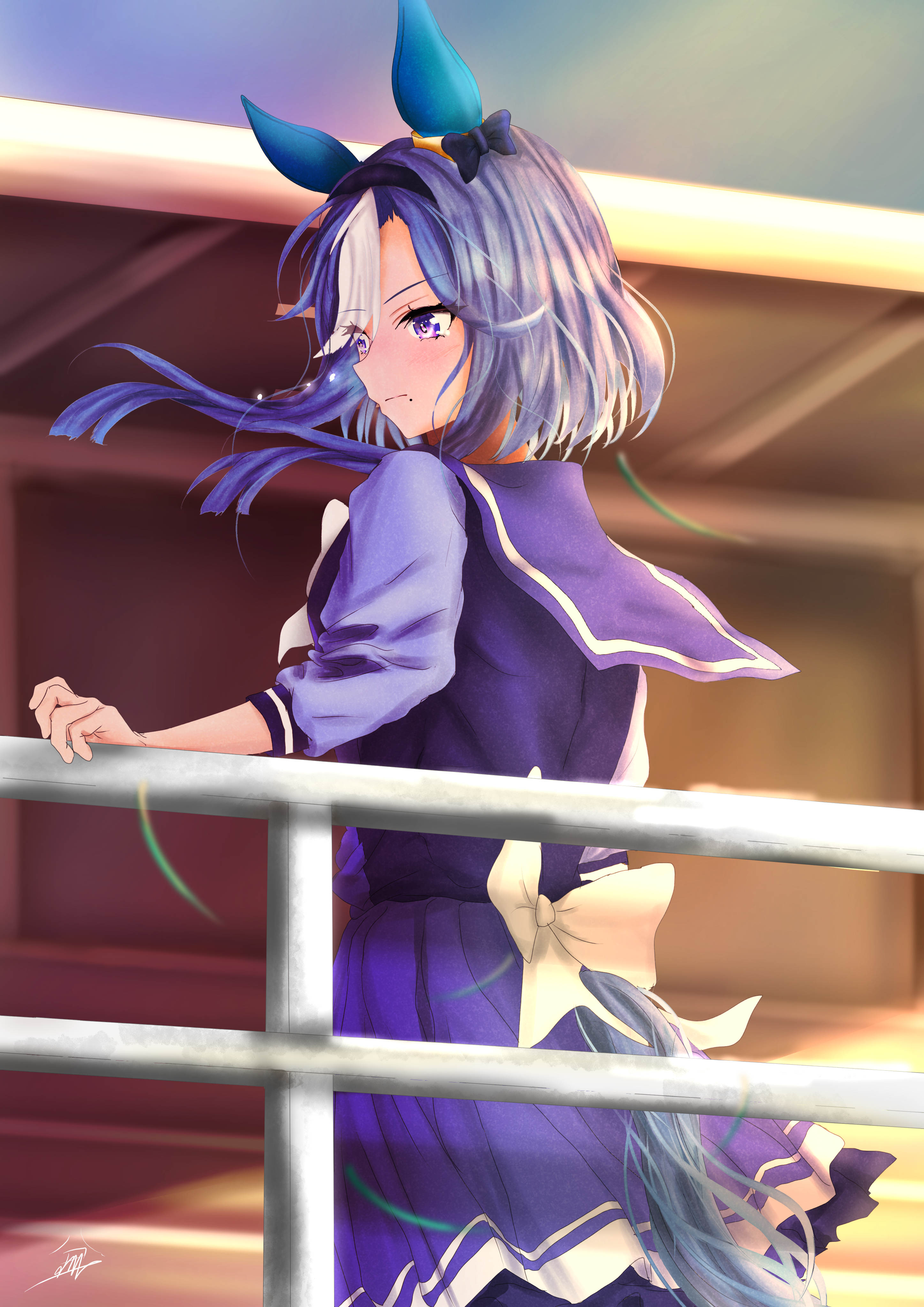 hakojuri, admire groove (umamusume), umamusume, absurdres, highres, 1girl, animal ears, blue hair, bow, closed mouth, ear bow, ear covers, ear ornament, hairband, horse ears, horse girl, horse tail, long hair, long sleeves, mole, mole under mouth, multicolored hair, outdoors, purple eyes, purple sailor collar, purple serafuku, purple shirt, purple skirt, railing, sailor collar, sailor shirt, school uniform, serafuku, shirt, skirt, sky, streaked hair, tail, tracen school uniform, white bow, white hair, white streaks