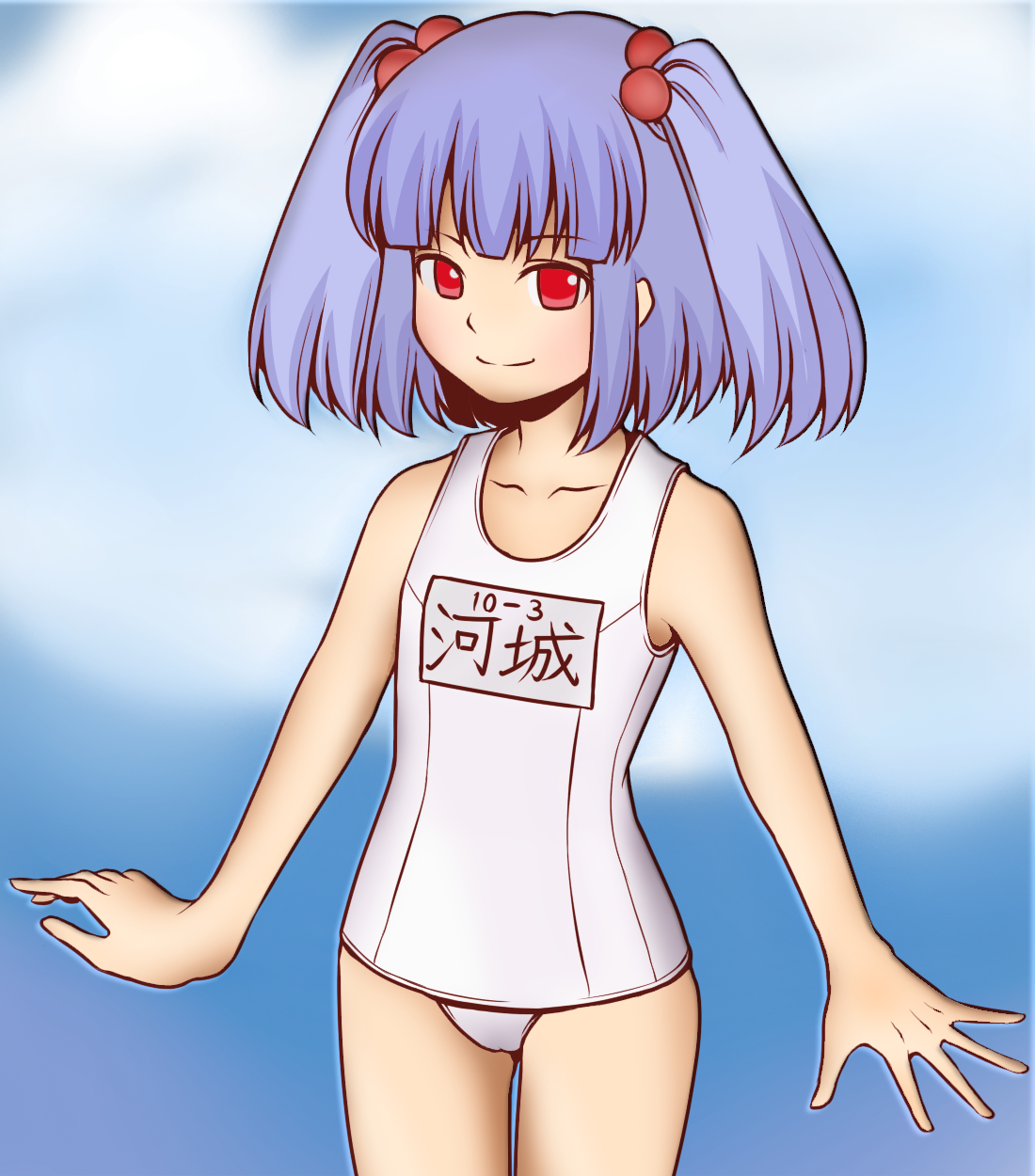 rakueru, urin, kawashiro nitori, touhou, colorized, highres, 1girl, blue hair, female focus, hair bobbles, hair ornament, one-piece swimsuit, school swimsuit, short hair, solo, swimsuit, two side up, white one-piece swimsuit, white school swimsuit